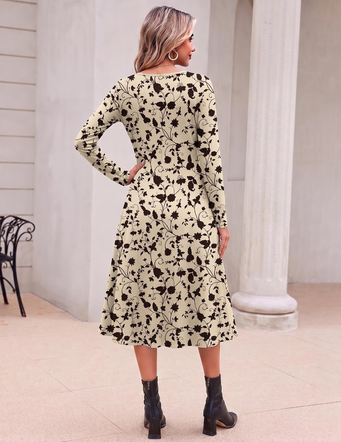 image:imageZeagoo Dresses for Womens Long Sleeve Midi Dress Fall Casual A Line Dress Fall Outfits 2026V Neck Flare Dress with PocketsWinter Long Dresses For WomenFloral PrintedBusiness CasualFlowy SwingKhaki Printed