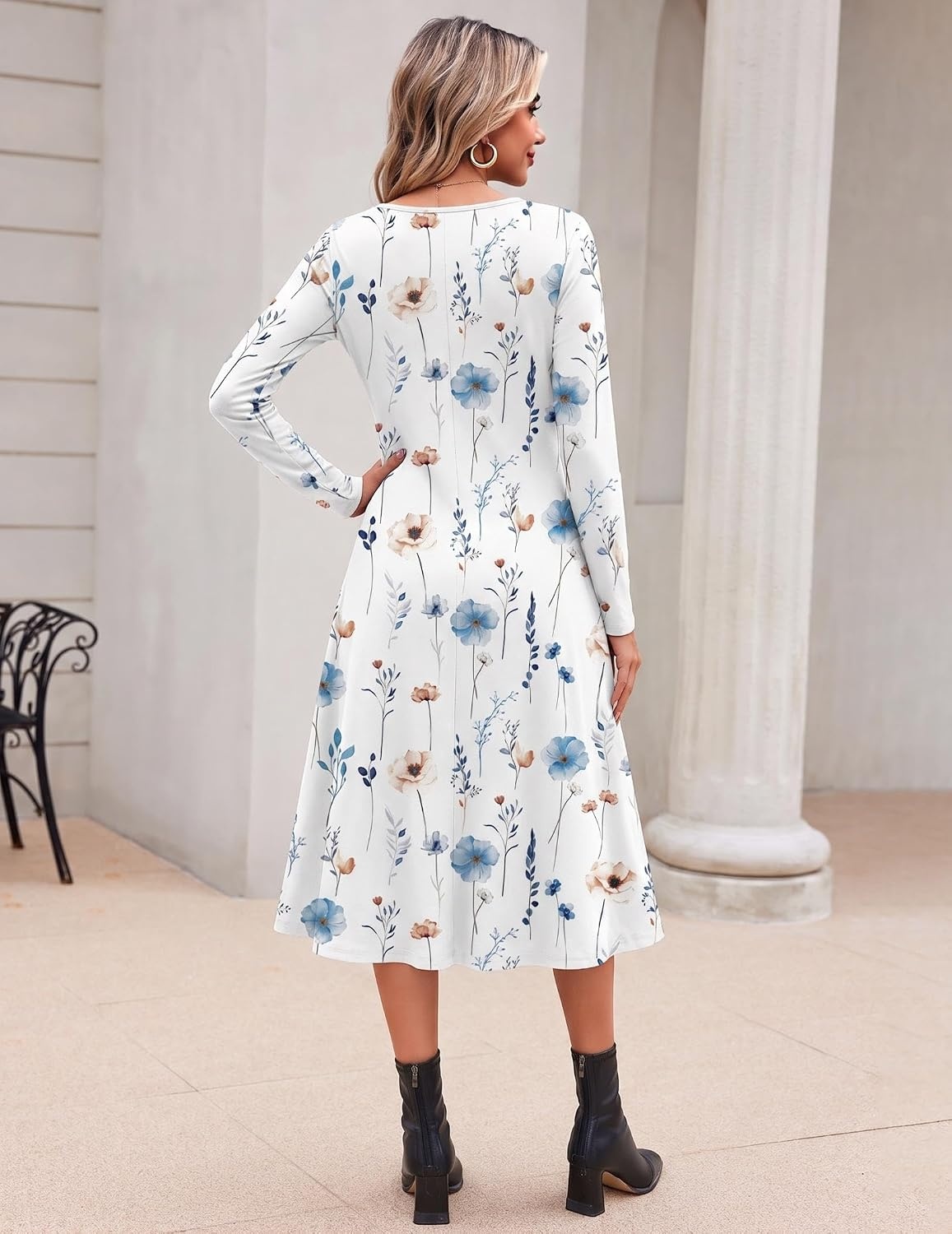 image:imageZeagoo Dresses for Womens Long Sleeve Midi Dress Fall Casual A Line Dress Fall Outfits 2026V Neck Flare Dress with PocketsWinter Long Dresses For WomenFloral PrintedBusiness CasualFlowy SwingWhite Floral