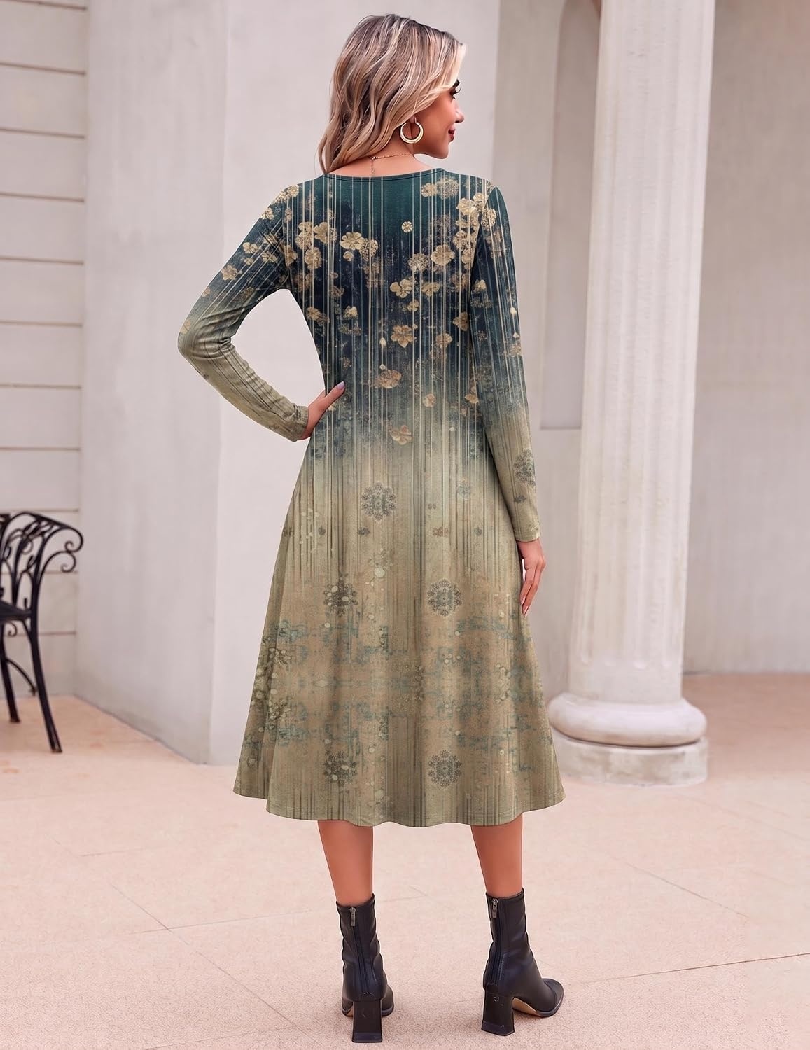 image:imageZeagoo Dresses for Womens Long Sleeve Midi Dress Fall Casual A Line Dress Fall Outfits 2026V Neck Flare Dress with PocketsWinter Long Dresses For WomenFloral PrintedBusiness CasualFlowy SwingLeaf Print