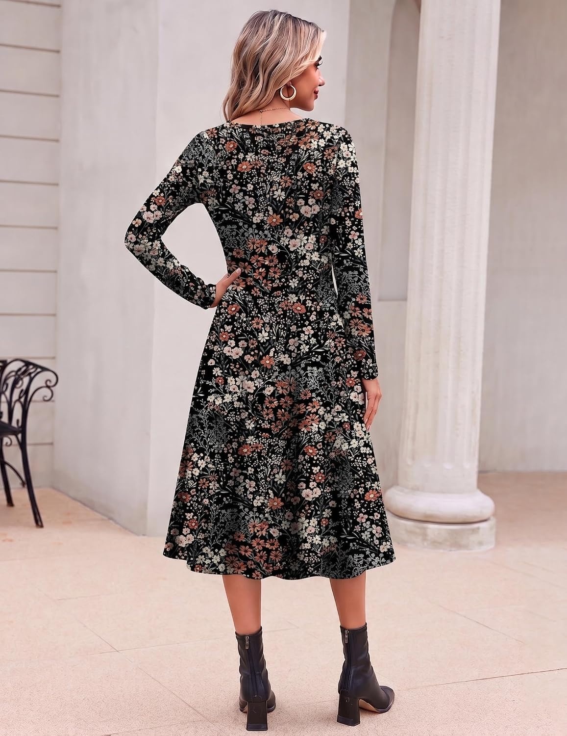 image:imageZeagoo Dresses for Womens Long Sleeve Midi Dress Fall Casual A Line Dress Fall Outfits 2026V Neck Flare Dress with PocketsWinter Long Dresses For WomenFloral PrintedBusiness CasualFlowy SwingFloral