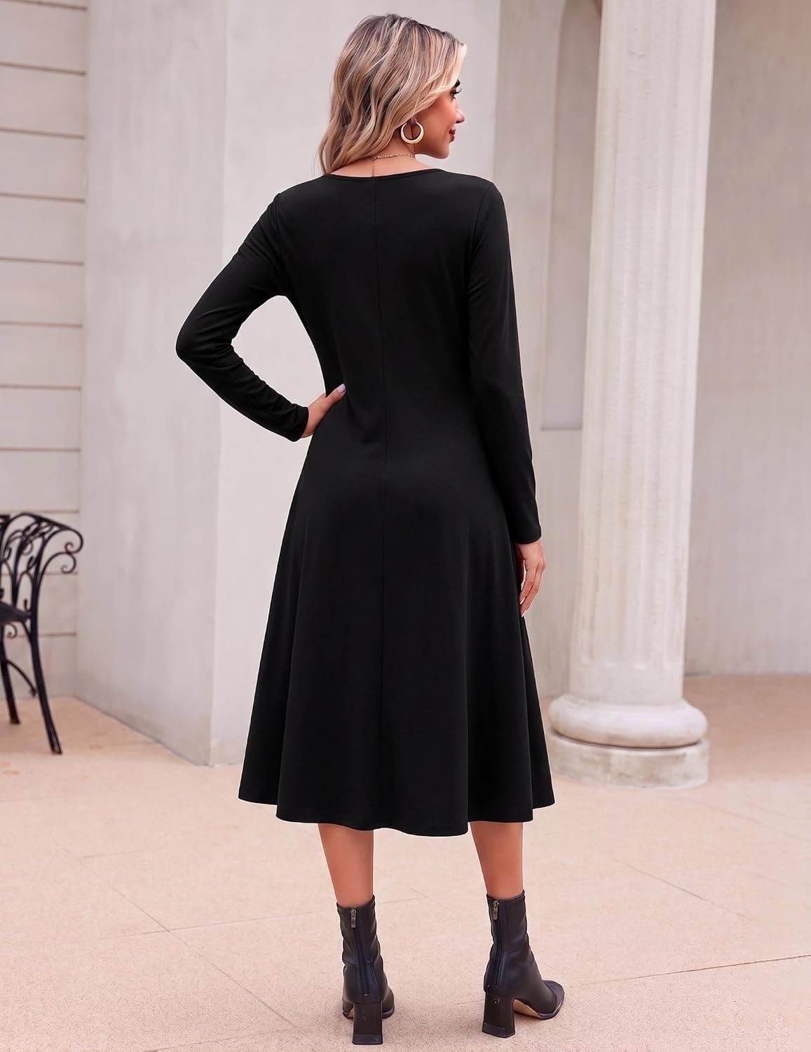 image:imageZeagoo Dresses for Womens Long Sleeve Midi Dress Fall Casual A Line Dress Fall Outfits 2026V Neck Flare Dress with PocketsWinter Long Dresses For WomenFloral PrintedBusiness CasualFlowy SwingBlack
