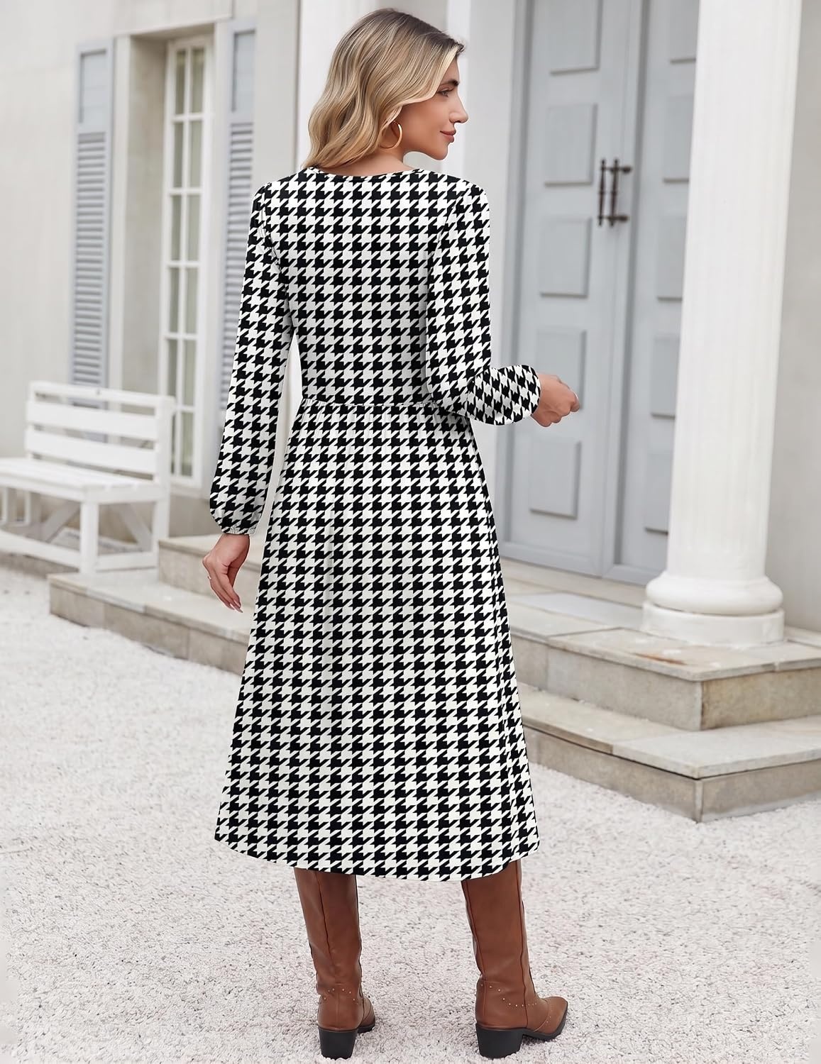 image:imageZeagoo Long Sleeve Midi Dress with Pockets Fall V Neck ALine Casual Women aline Empire waist midi maxi dress with pockets casual flowy loose fit elegant modest boho clothes for daily work holidayHoundstooth