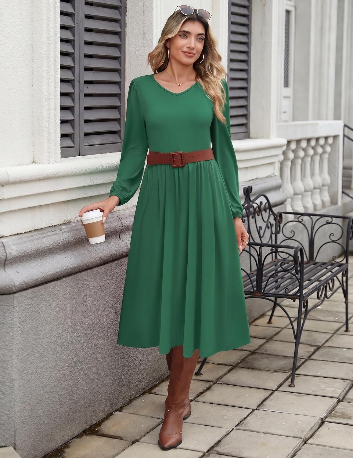 image:imageZeagoo Long Sleeve Midi Dress with Pockets Fall V Neck ALine Casual Women aline Empire waist midi maxi dress with pockets casual flowy loose fit elegant modest boho clothes for daily work holidayDark Green