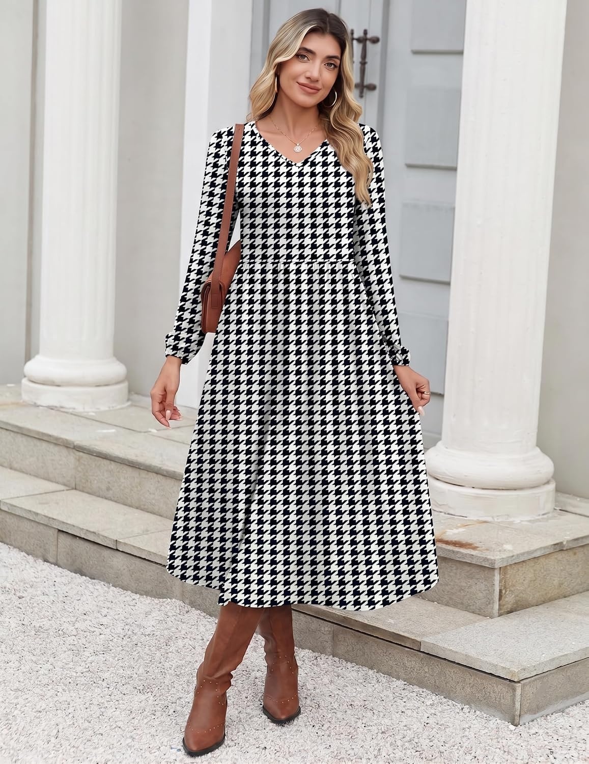 image:imageZeagoo Long Sleeve Midi Dress with Pockets Fall V Neck ALine Casual Women aline Empire waist midi maxi dress with pockets casual flowy loose fit elegant modest boho clothes for daily work holidayHoundstooth