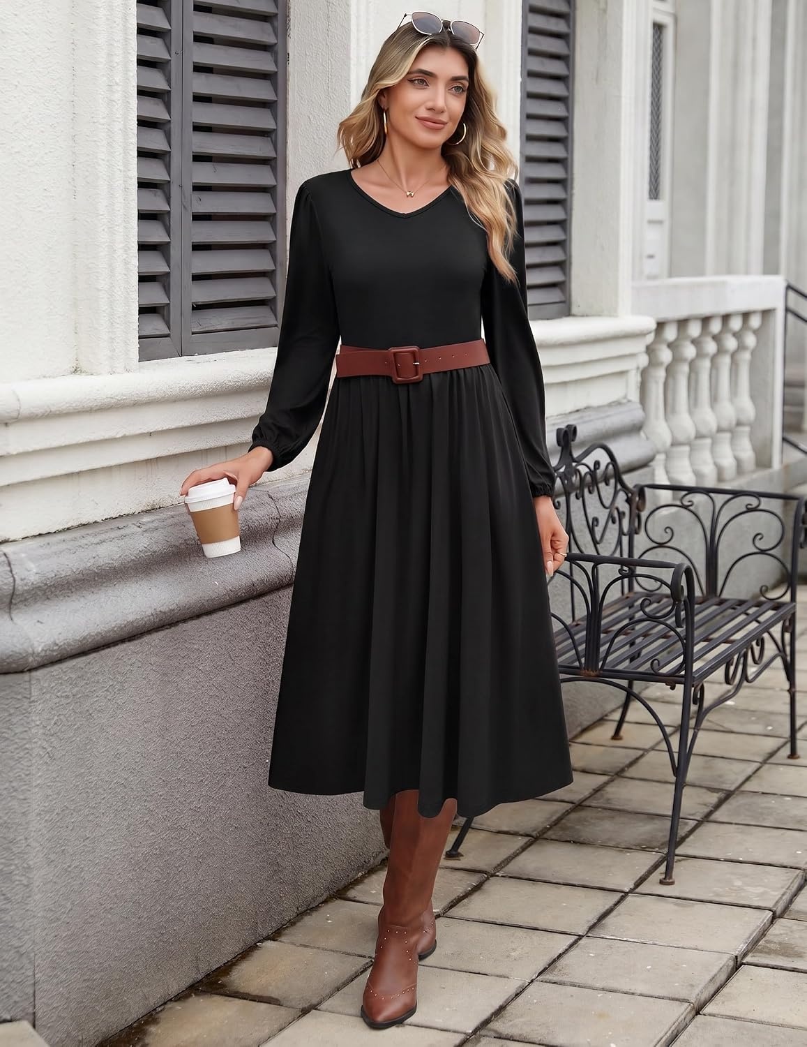 image:imageZeagoo Long Sleeve Midi Dress with Pockets Fall V Neck ALine Casual Women aline Empire waist midi maxi dress with pockets casual flowy loose fit elegant modest boho clothes for daily work holidayBlack