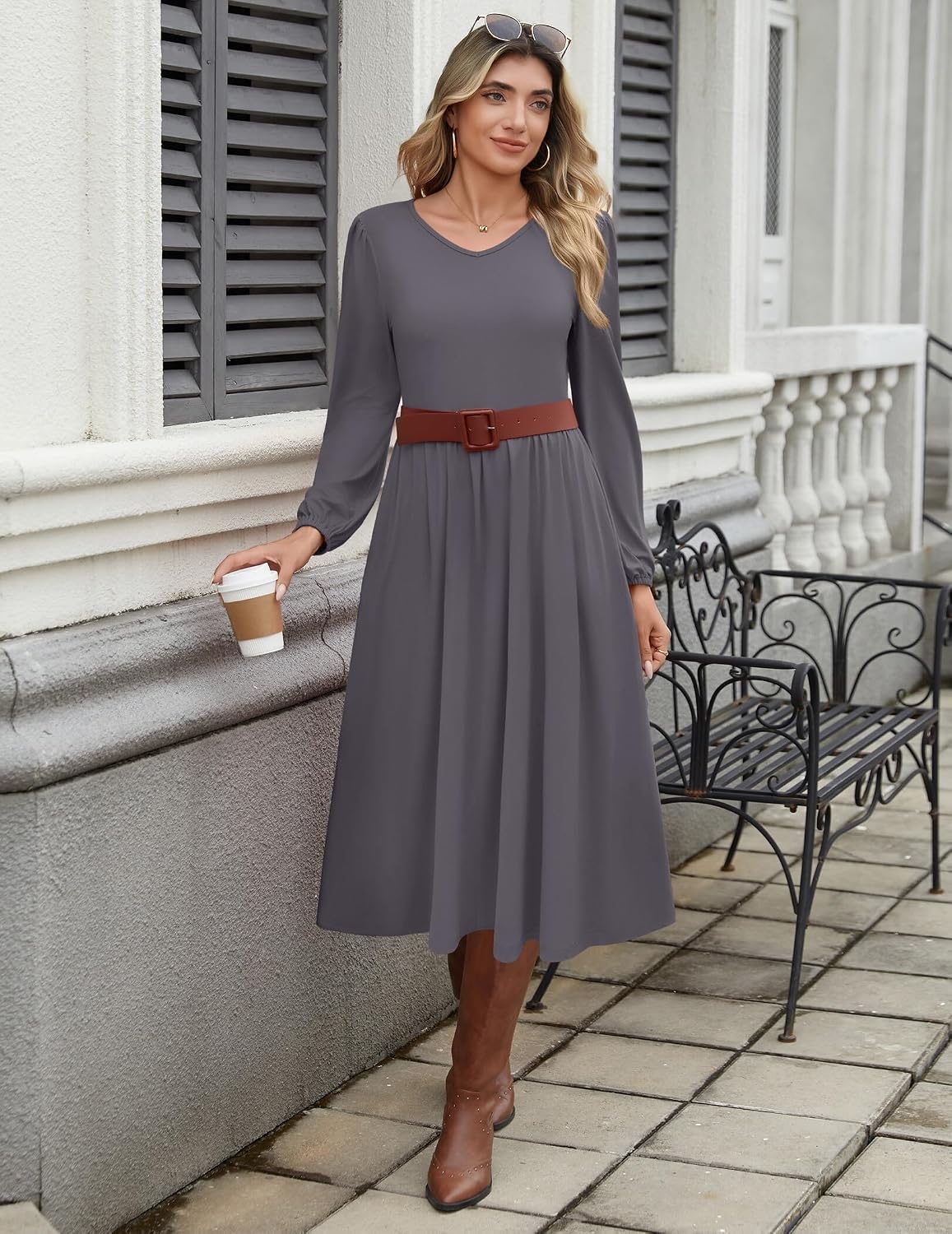 image:imageZeagoo Long Sleeve Midi Dress with Pockets Fall V Neck ALine Casual Women aline Empire waist midi maxi dress with pockets casual flowy loose fit elegant modest boho clothes for daily work holidayDark Grey