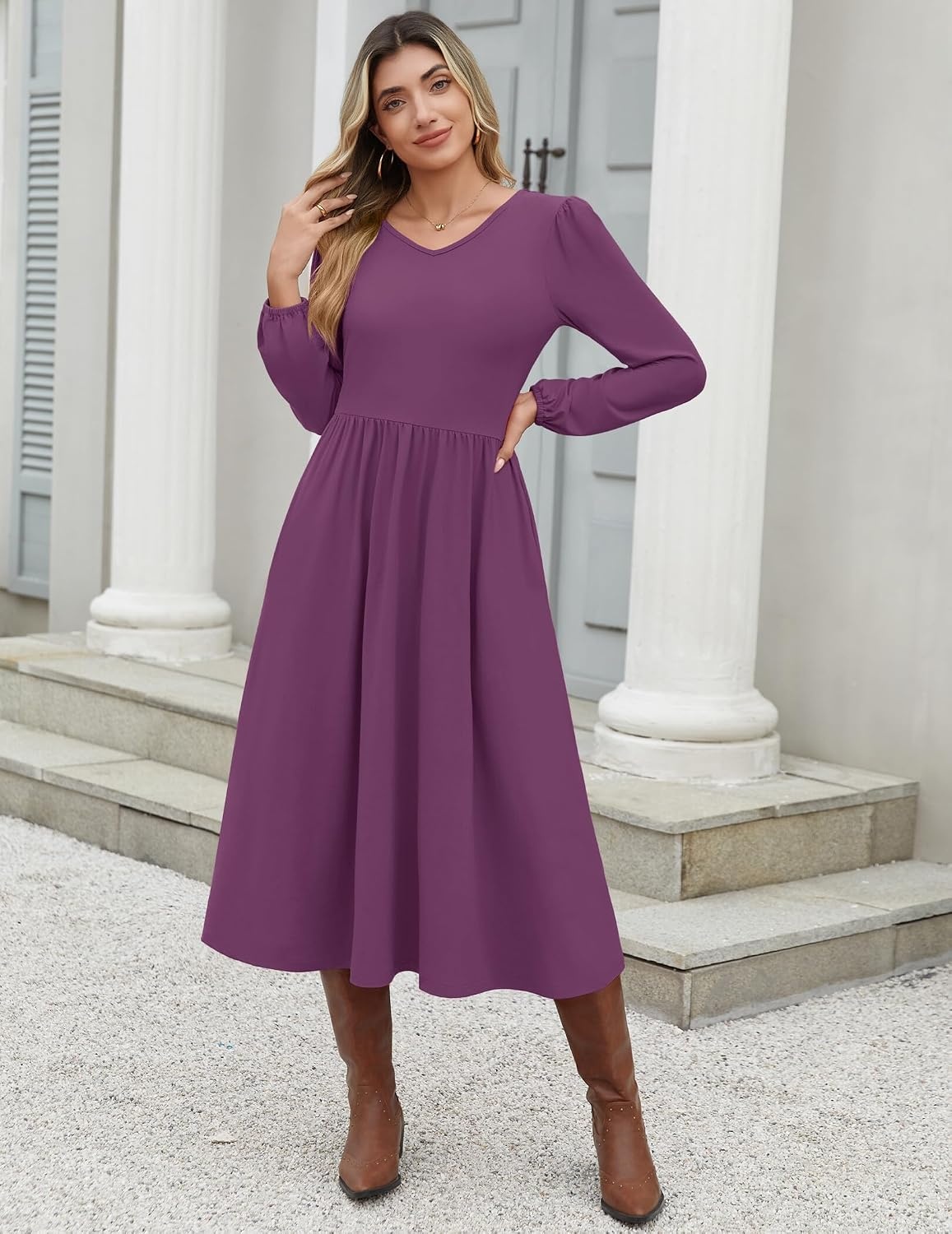 image:imageZeagoo Long Sleeve Midi Dress with Pockets Fall V Neck ALine Casual Women aline Empire waist midi maxi dress with pockets casual flowy loose fit elegant modest boho clothes for daily work holidayPurple