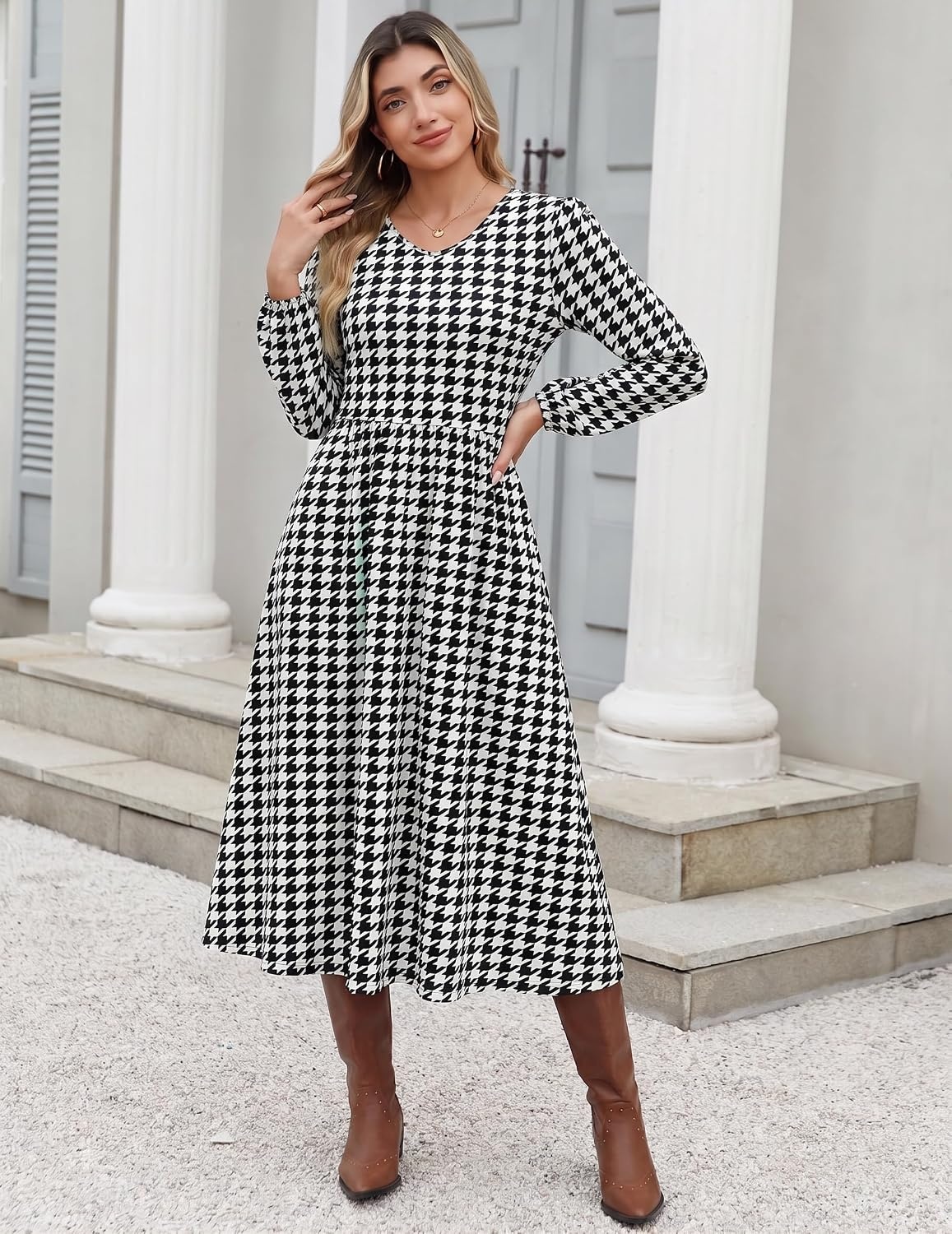 image:imageZeagoo Long Sleeve Midi Dress with Pockets Fall V Neck ALine Casual Women aline Empire waist midi maxi dress with pockets casual flowy loose fit elegant modest boho clothes for daily work holidayHoundstooth
