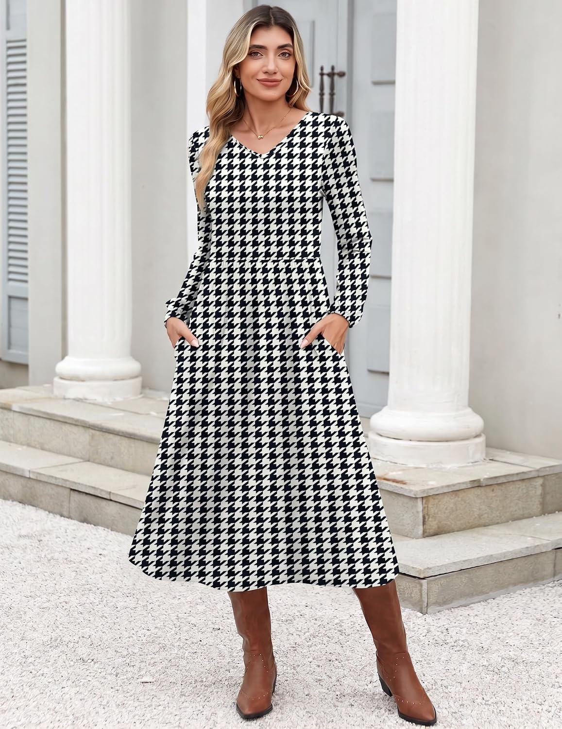 image:imageZeagoo Long Sleeve Midi Dress with Pockets Fall V Neck ALine Casual Women aline Empire waist midi maxi dress with pockets casual flowy loose fit elegant modest boho clothes for daily work holidayHoundstooth