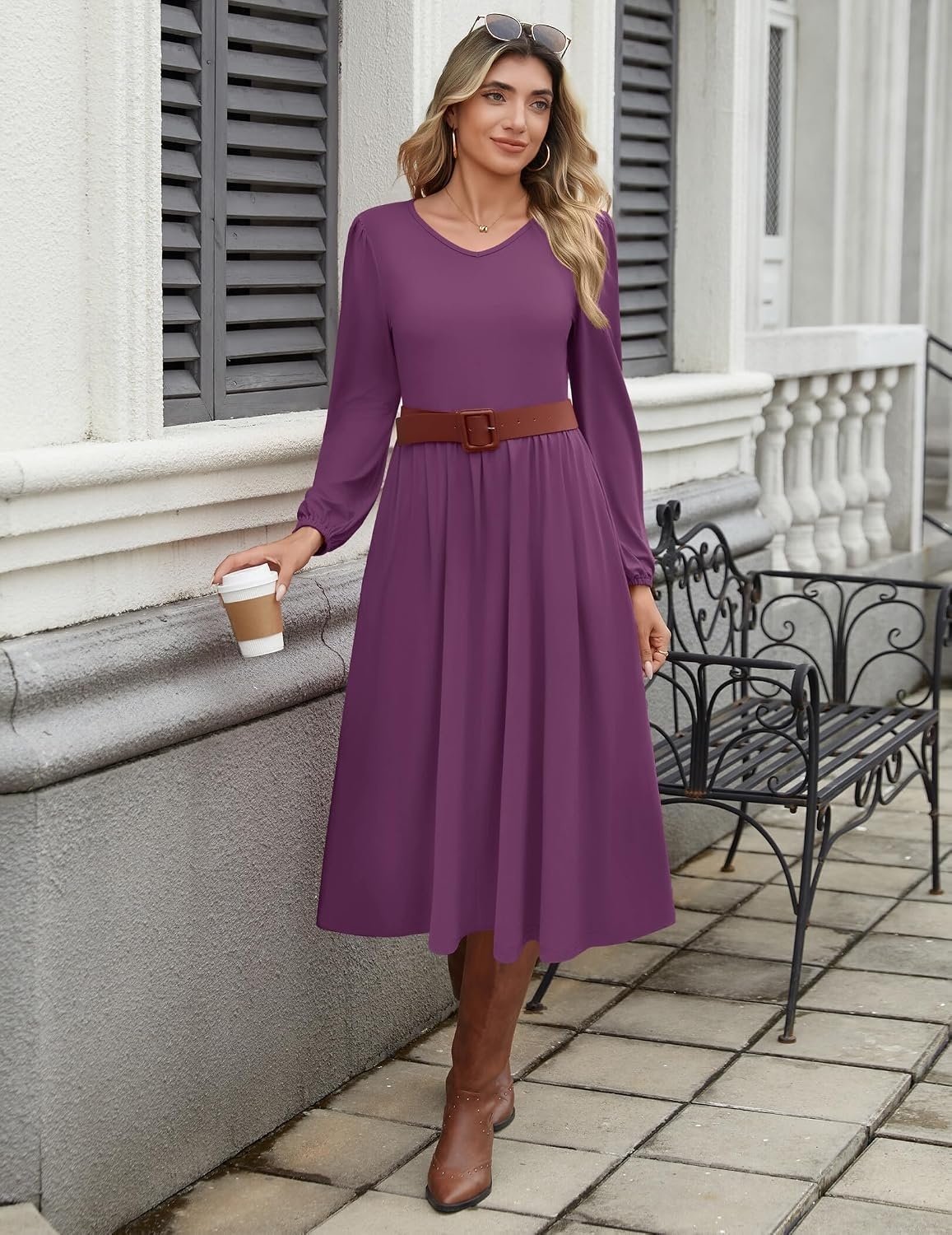 image:imageZeagoo Long Sleeve Midi Dress with Pockets Fall V Neck ALine Casual Women aline Empire waist midi maxi dress with pockets casual flowy loose fit elegant modest boho clothes for daily work holidayPurple
