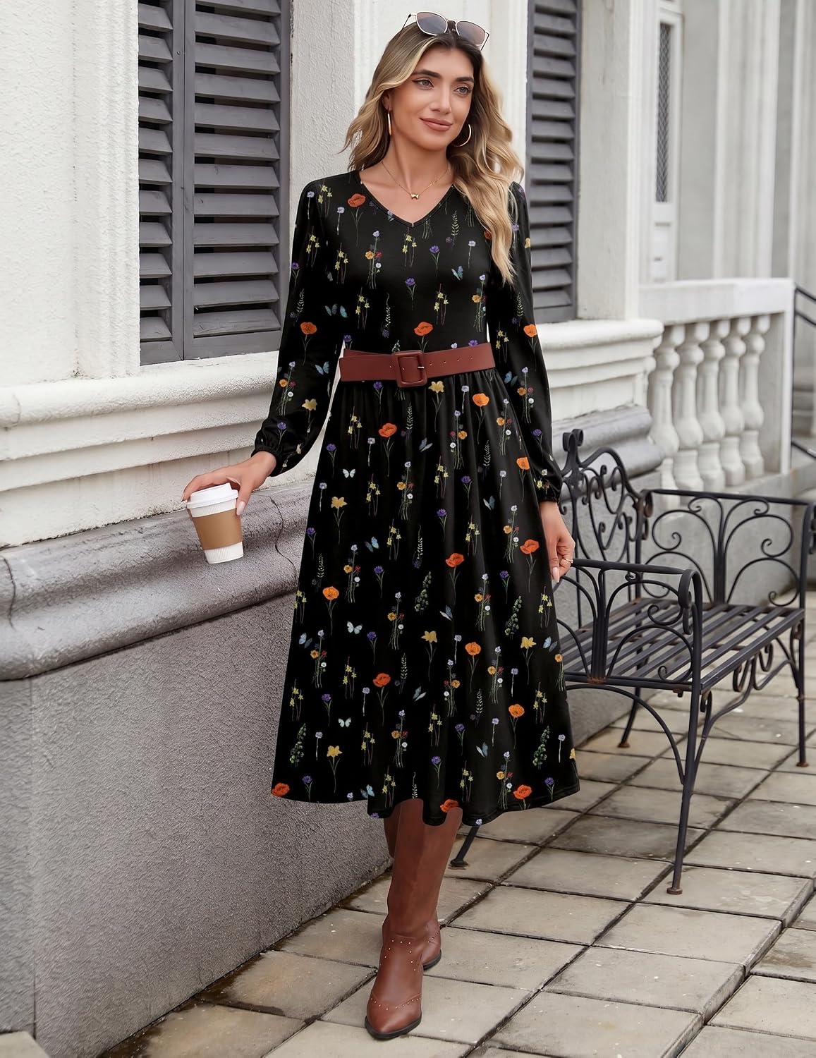 image:imageZeagoo Long Sleeve Midi Dress with Pockets Fall V Neck ALine Casual Women aline Empire waist midi maxi dress with pockets casual flowy loose fit elegant modest boho clothes for daily work holidayBlack Floral