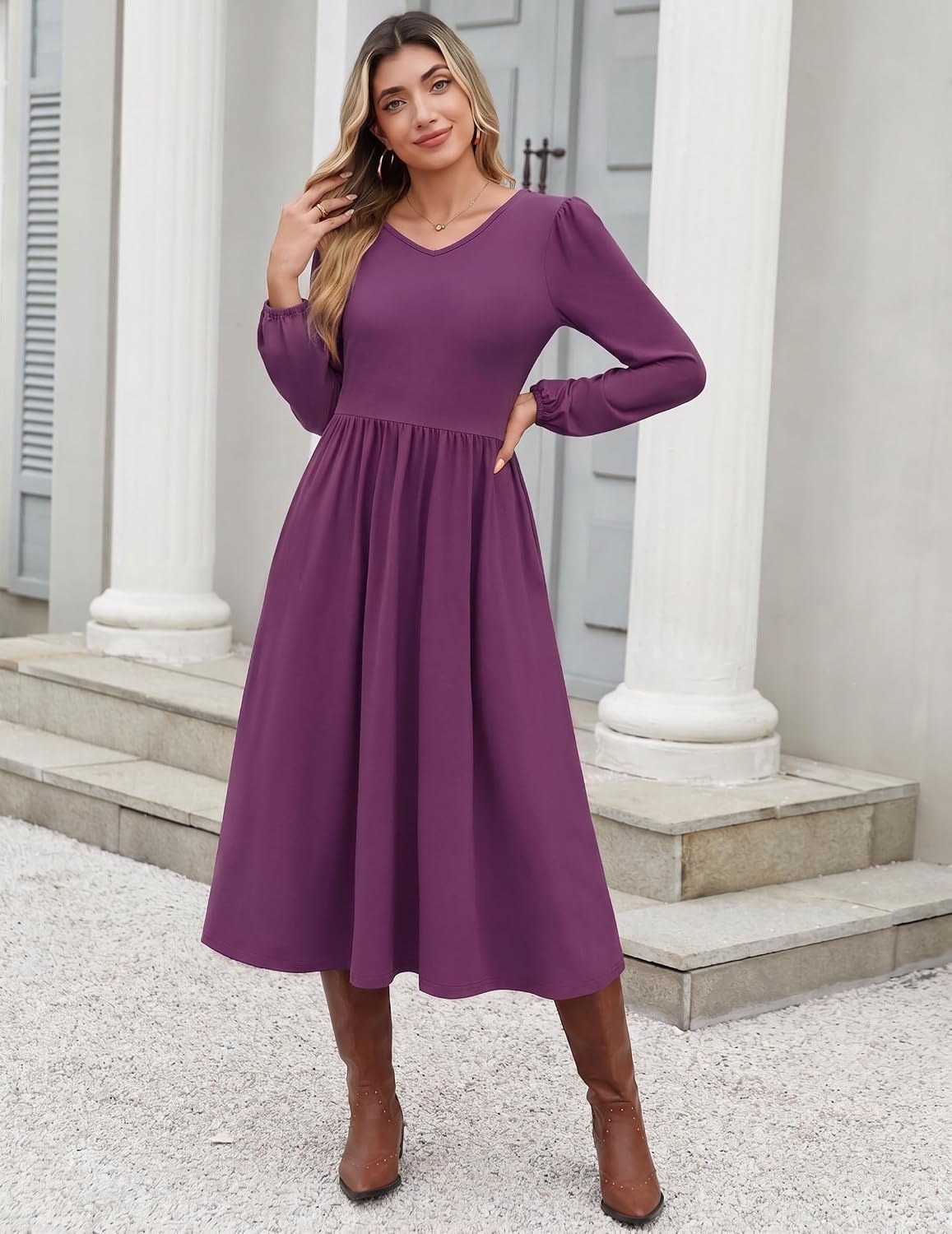 image:imageZeagoo Long Sleeve Midi Dress with Pockets Fall V Neck ALine Casual Women aline Empire waist midi maxi dress with pockets casual flowy loose fit elegant modest boho clothes for daily work holidayPurple