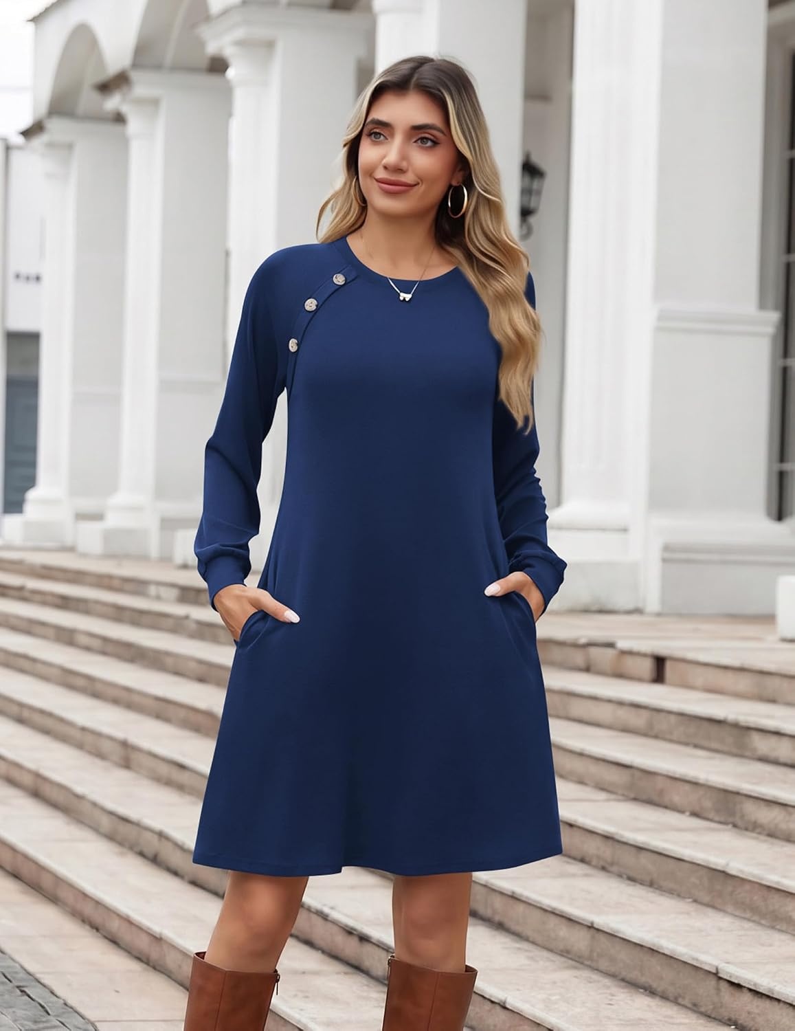 image:imageZeagoo Long Sleeve Tunic Dress Button Crew Neck Casual Fall ALine Dress Flowy fall winter tunic dress with pockets casual flowy loose fit shift mini dresses for women daily wear solid colorampprintNavy Blue