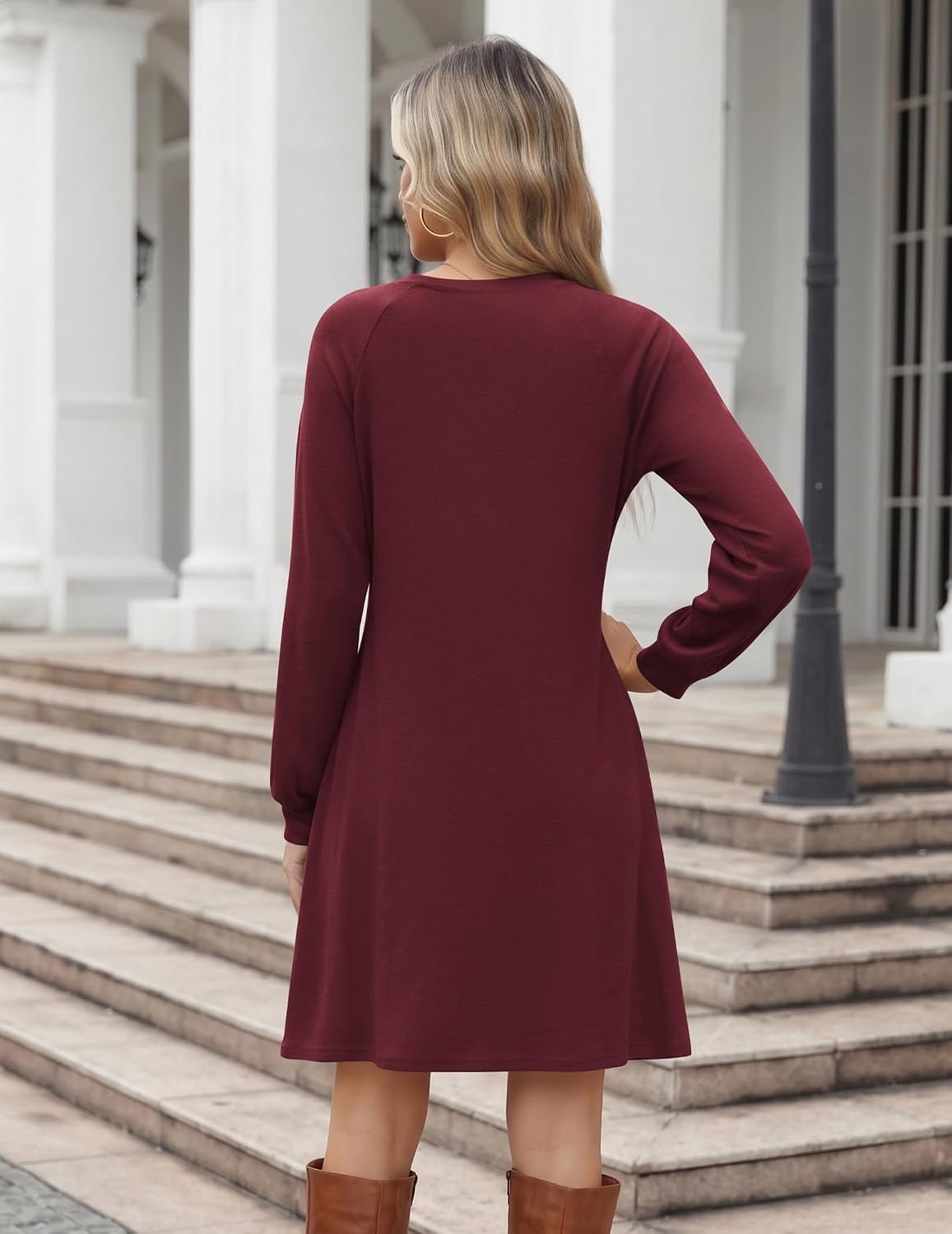 image:imageZeagoo Long Sleeve Tunic Dress Button Crew Neck Casual Fall ALine Dress Flowy fall winter tunic dress with pockets casual flowy loose fit shift mini dresses for women daily wear solid colorampprintWine Red