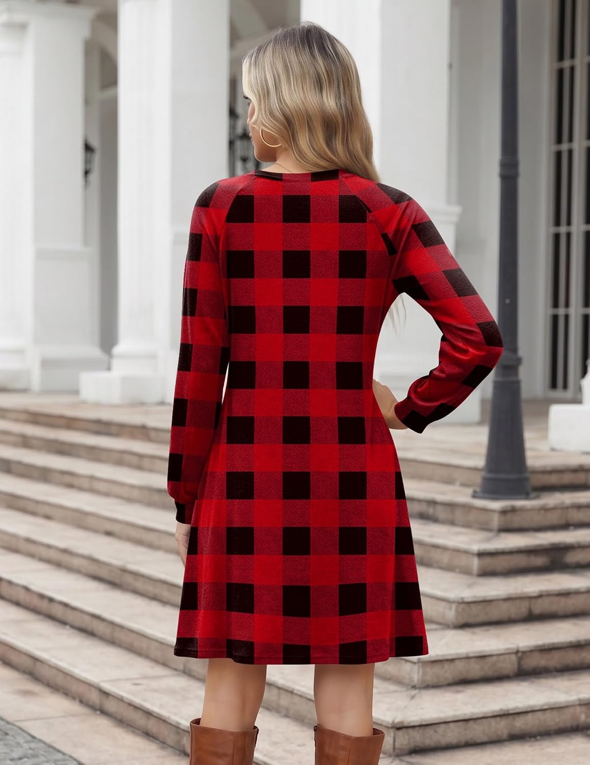 image:imageZeagoo Long Sleeve Tunic Dress Button Crew Neck Casual Fall ALine Dress Flowy fall winter tunic dress with pockets casual flowy loose fit shift mini dresses for women daily wear solid colorampprintRed Plaid