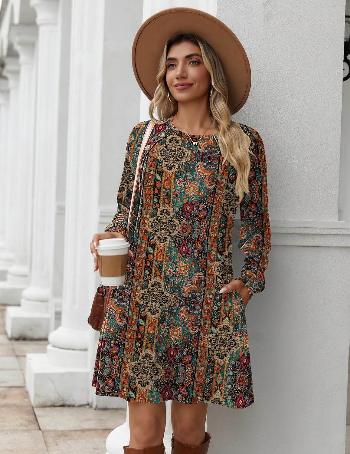 image:imageZeagoo Long Sleeve Tunic Dress Button Crew Neck Casual Fall ALine Dress Flowy fall winter tunic dress with pockets casual flowy loose fit shift mini dresses for women daily wear solid colorampprintChic Printed