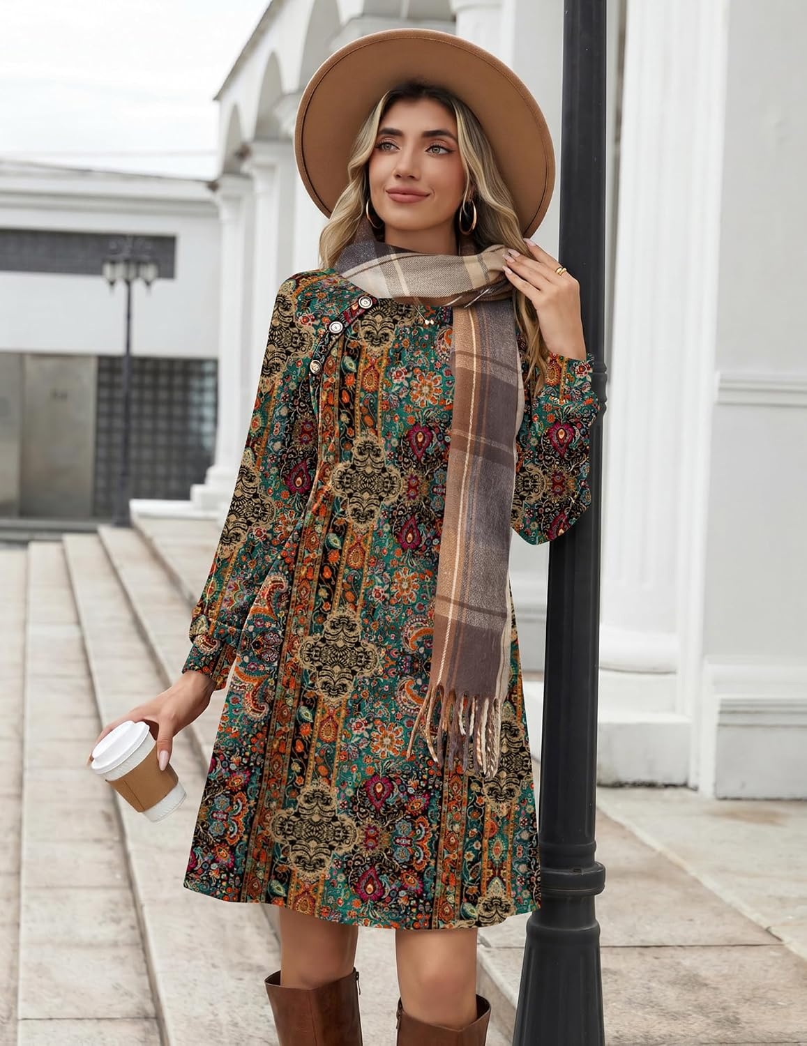 image:imageZeagoo Long Sleeve Tunic Dress Button Crew Neck Casual Fall ALine Dress Flowy fall winter tunic dress with pockets casual flowy loose fit shift mini dresses for women daily wear solid colorampprintChic Printed