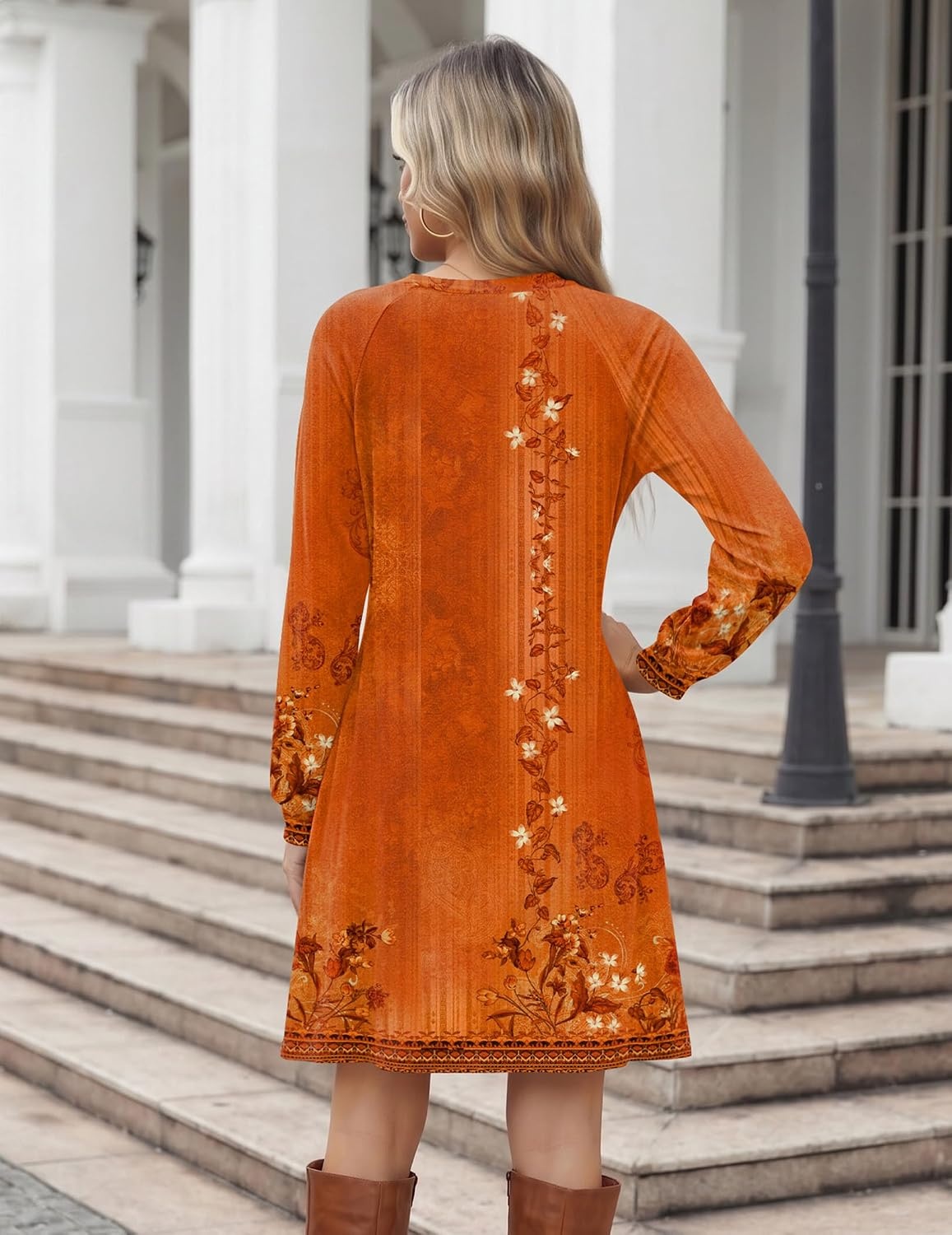 image:imageZeagoo Long Sleeve Tunic Dress Button Crew Neck Casual Fall ALine Dress Flowy fall winter tunic dress with pockets casual flowy loose fit shift mini dresses for women daily wear solid colorampprintOrange Floral