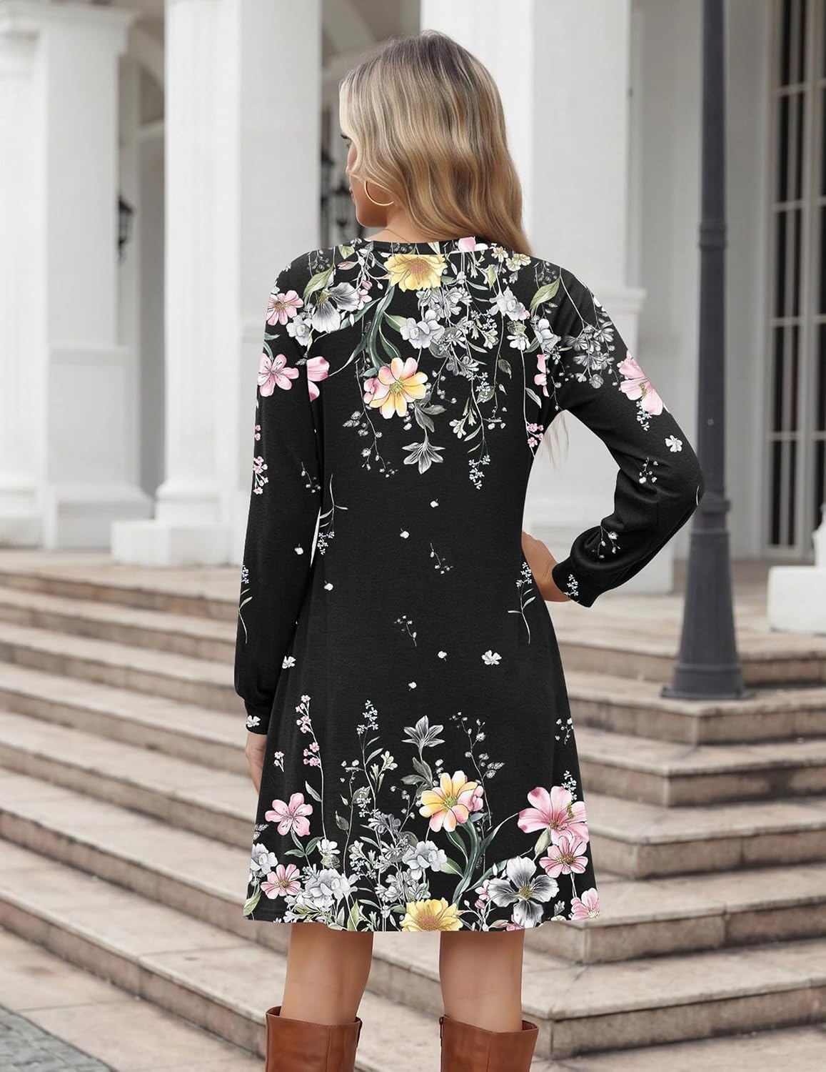 image:imageZeagoo Long Sleeve Tunic Dress Button Crew Neck Casual Fall ALine Dress Flowy fall winter tunic dress with pockets casual flowy loose fit shift mini dresses for women daily wear solid colorampprintBlack Floral