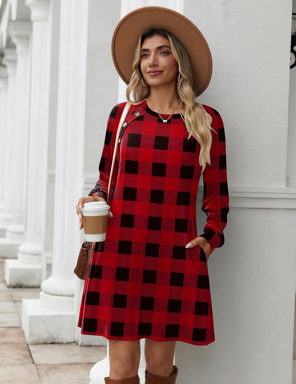 image:imageZeagoo Long Sleeve Tunic Dress Button Crew Neck Casual Fall ALine Dress Flowy fall winter tunic dress with pockets casual flowy loose fit shift mini dresses for women daily wear solid colorampprintRed Plaid