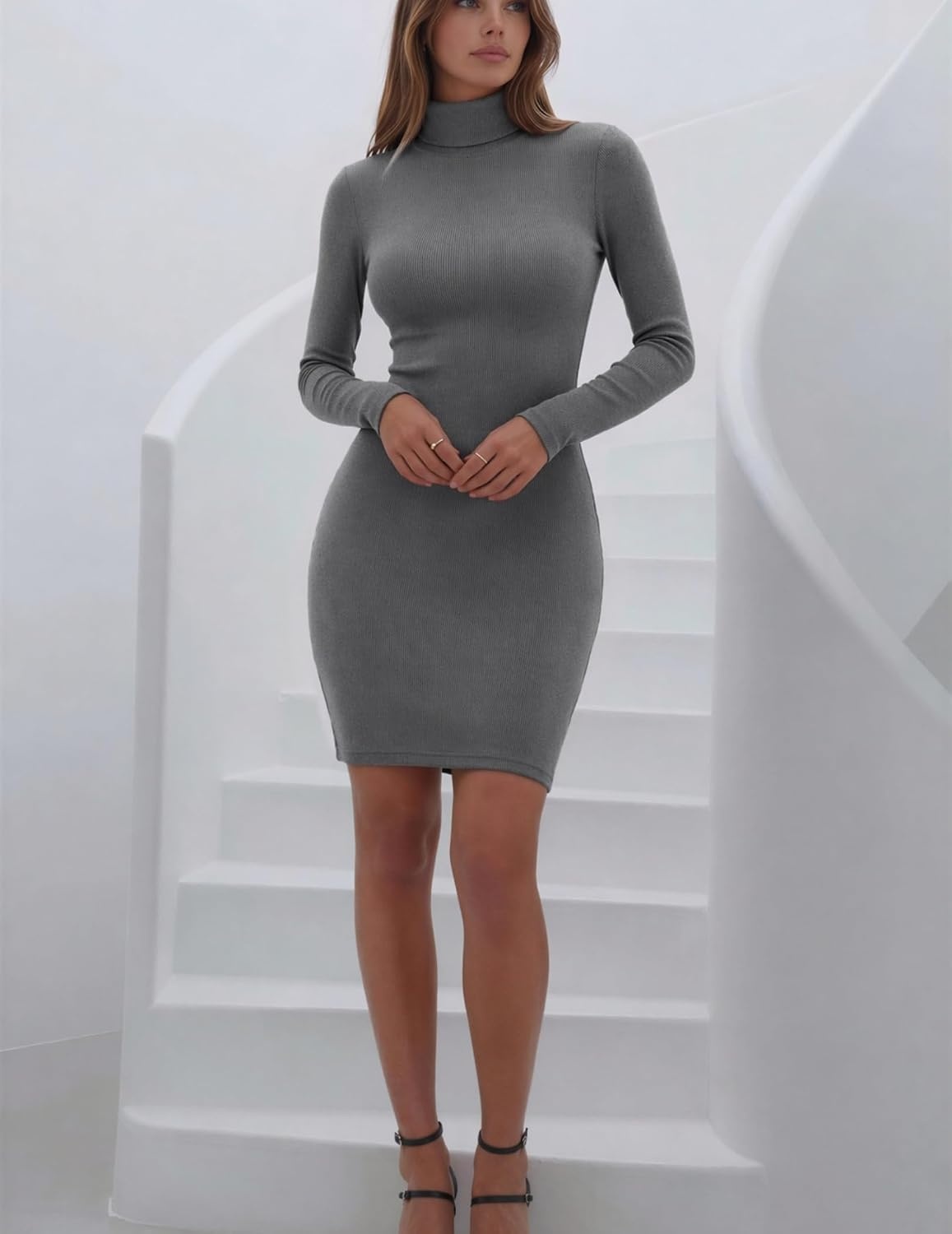 image:imageZeagoo Women Long Sleeve Dress Sweater Dress Turtleneck Ribbed Fall Dresses Long Sleeve Turtleneck Tight Dress Ribbed Slim FitampFleece lined Above Knee Fall Winter Outfits for Going OutampPartyHeather Gray