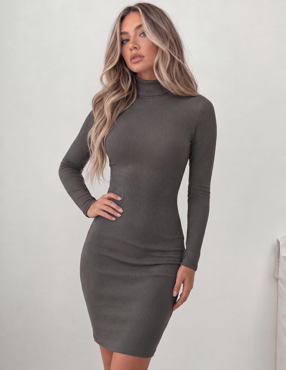 image:imageZeagoo Women Long Sleeve Dress Sweater Dress Turtleneck Ribbed Fall Dresses Long Sleeve Turtleneck Tight Dress Ribbed Slim FitampFleece lined Above Knee Fall Winter Outfits for Going OutampPartyDark Grey