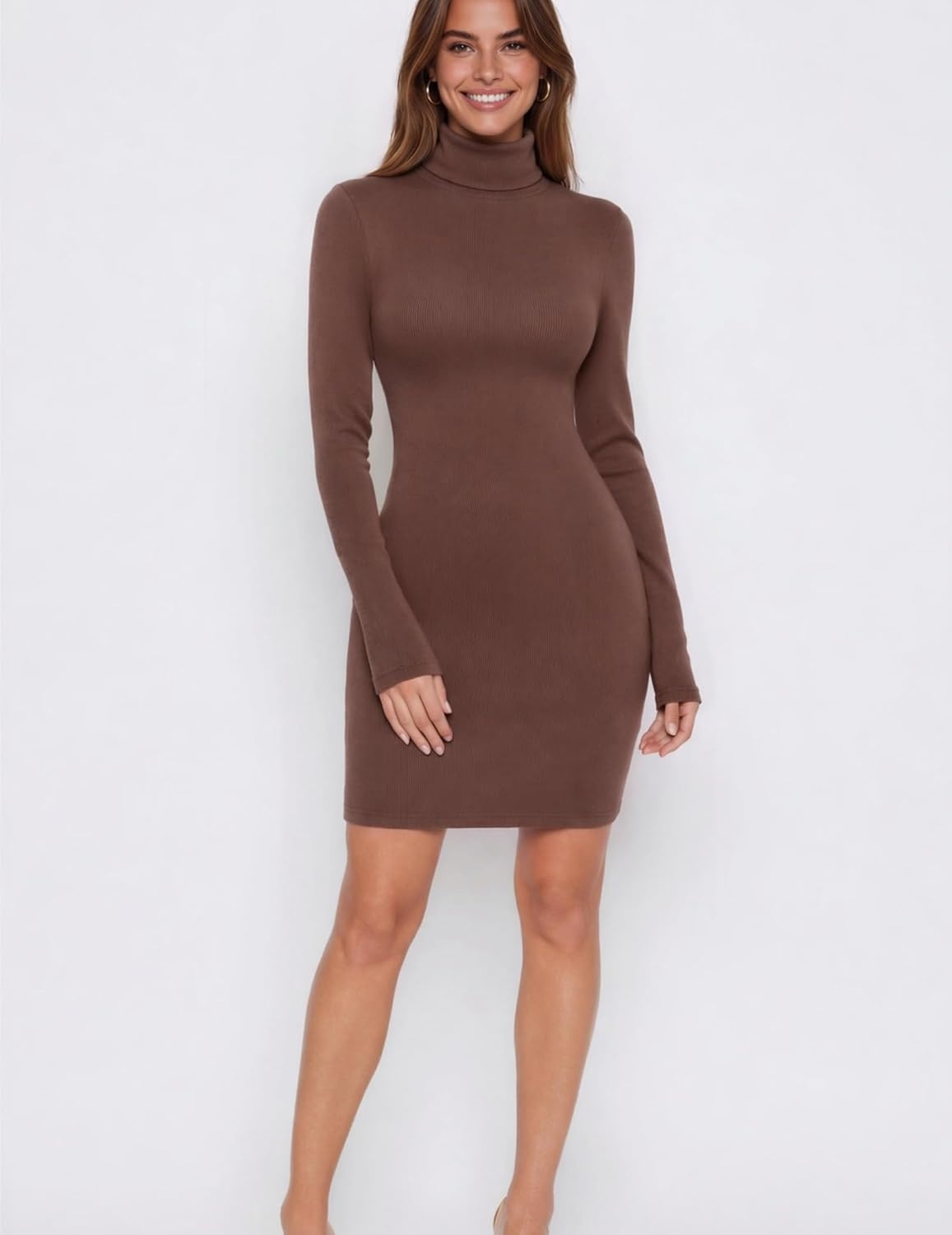image:imageZeagoo Women Long Sleeve Dress Sweater Dress Turtleneck Ribbed Fall Dresses Long Sleeve Turtleneck Tight Dress Ribbed Slim FitampFleece lined Above Knee Fall Winter Outfits for Going OutampPartyBrown