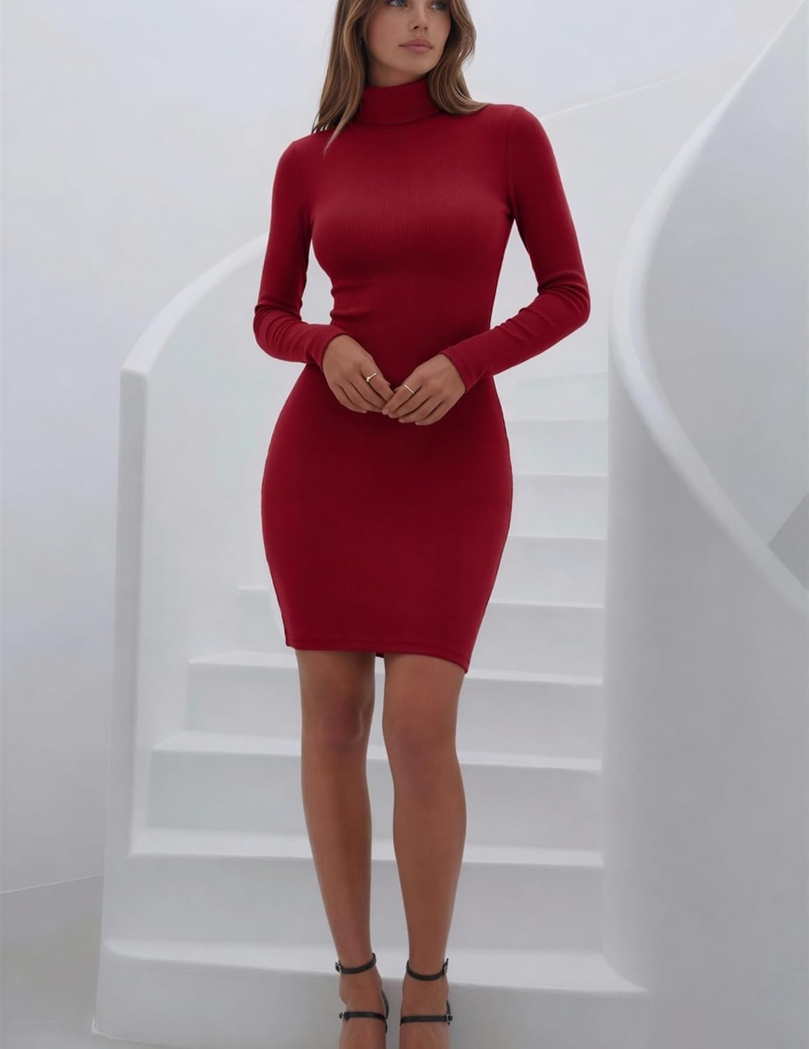 image:imageZeagoo Women Long Sleeve Dress Sweater Dress Turtleneck Ribbed Fall Dresses Long Sleeve Turtleneck Tight Dress Ribbed Slim FitampFleece lined Above Knee Fall Winter Outfits for Going OutampPartyRed