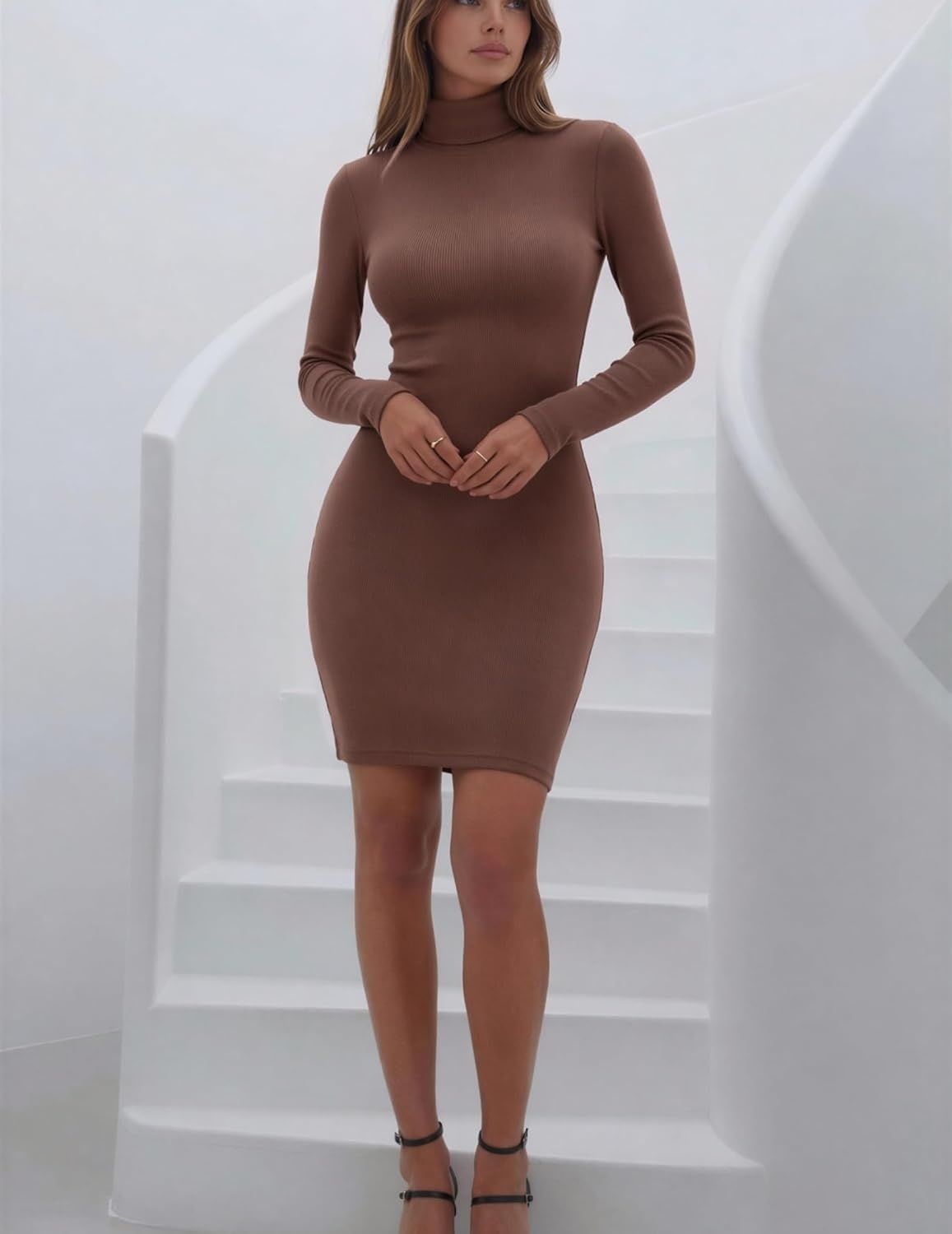 image:imageZeagoo Women Long Sleeve Dress Sweater Dress Turtleneck Ribbed Fall Dresses Long Sleeve Turtleneck Tight Dress Ribbed Slim FitampFleece lined Above Knee Fall Winter Outfits for Going OutampPartyBrown