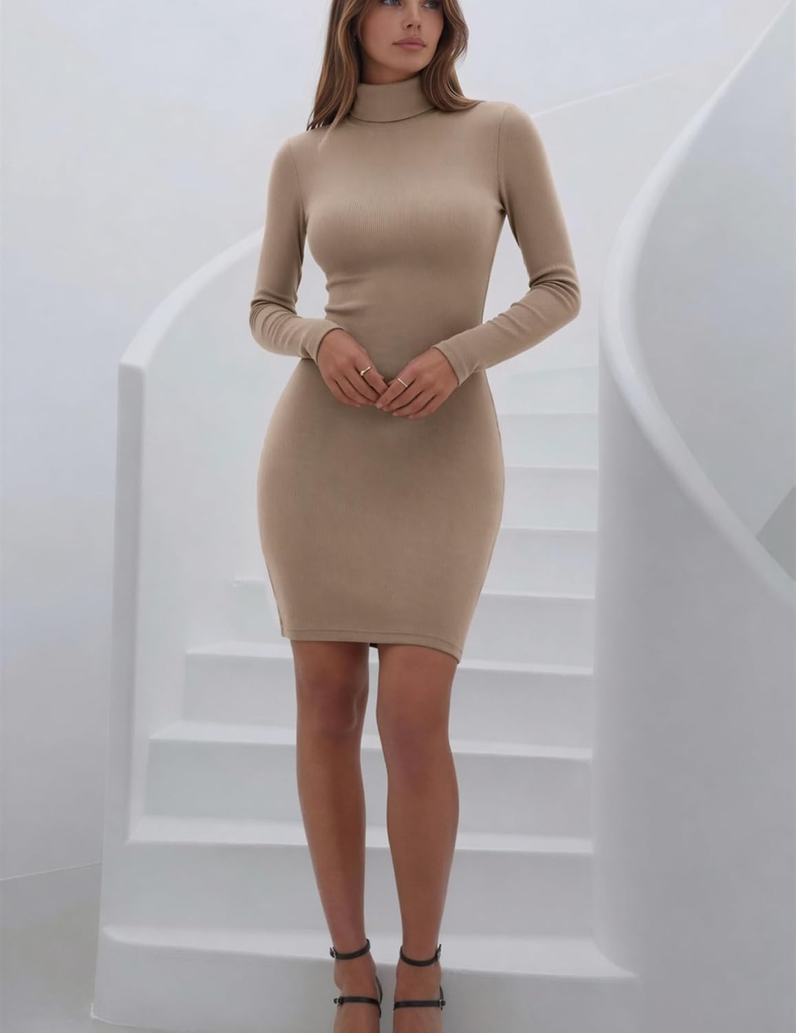 image:imageZeagoo Women Long Sleeve Dress Sweater Dress Turtleneck Ribbed Fall Dresses Long Sleeve Turtleneck Tight Dress Ribbed Slim FitampFleece lined Above Knee Fall Winter Outfits for Going OutampPartyKhaki