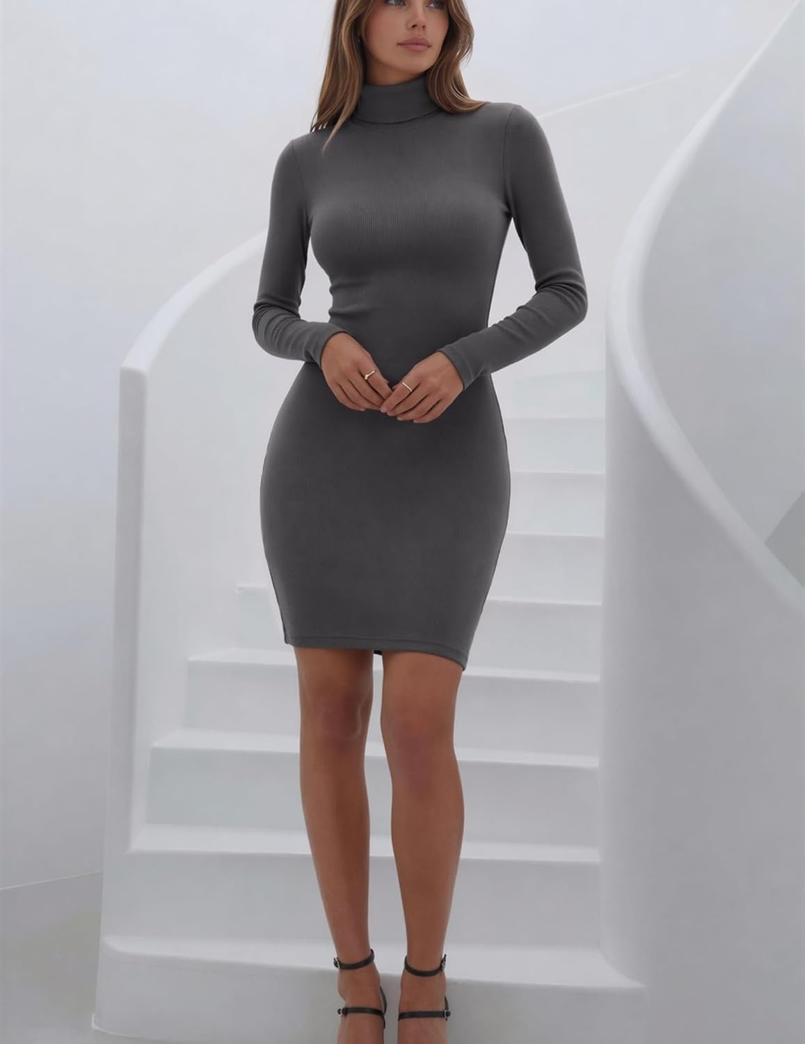 image:imageZeagoo Women Long Sleeve Dress Sweater Dress Turtleneck Ribbed Fall Dresses Long Sleeve Turtleneck Tight Dress Ribbed Slim FitampFleece lined Above Knee Fall Winter Outfits for Going OutampPartyDark Grey