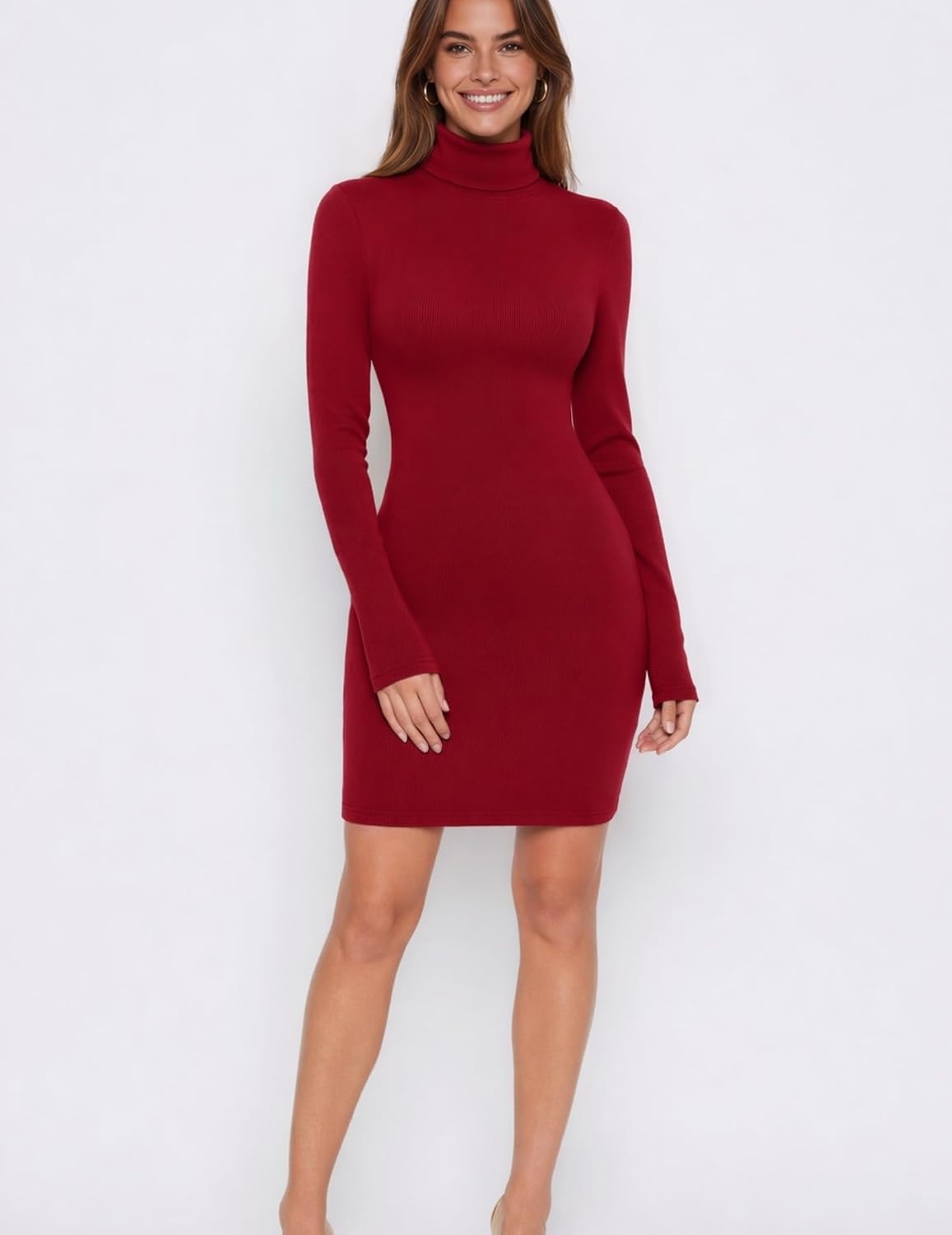 image:imageZeagoo Women Long Sleeve Dress Sweater Dress Turtleneck Ribbed Fall Dresses Long Sleeve Turtleneck Tight Dress Ribbed Slim FitampFleece lined Above Knee Fall Winter Outfits for Going OutampPartyRed