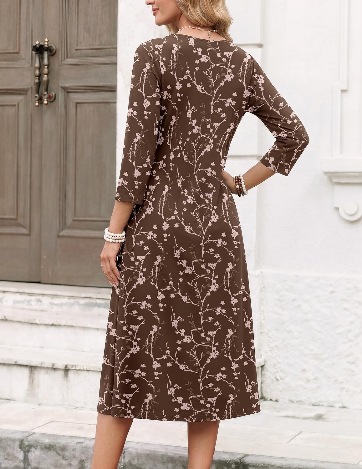 image:imageZeagoo Womens Dresses 34 Sleeve Casual Fall A Line Midi Dress with Pockets  V Neck Empire Waist Sundress Button Decor Floral Boho Solid Color Loose Fit Flowy Vacation SundressesBrown Floral