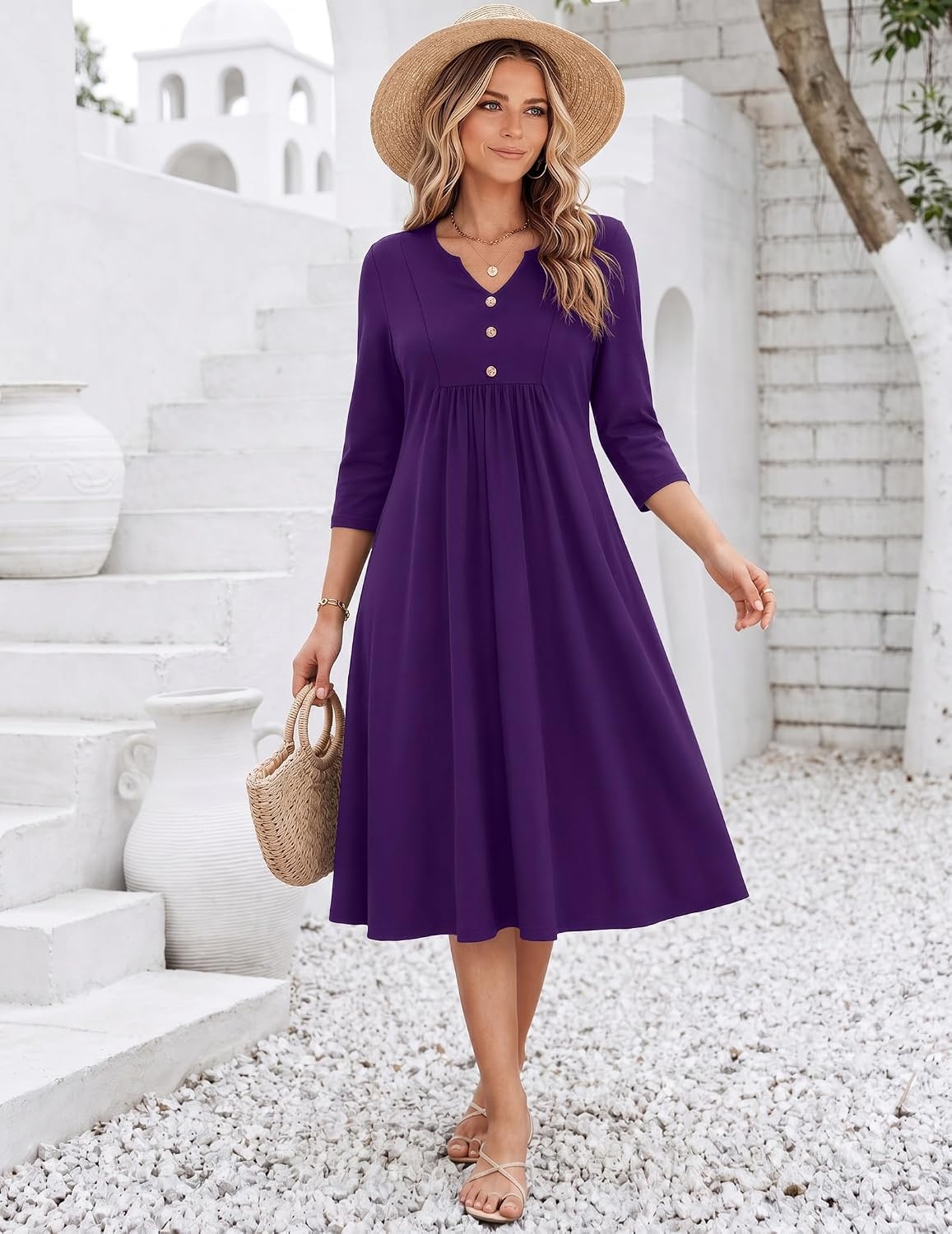 image:imageZeagoo Womens Dresses 34 Sleeve Casual Fall A Line Midi Dress with Pockets V Neck Empire Waist Sundress Button Decor Floral Boho Solid Color Loose Fit Flowy Vacation SundressesPurple