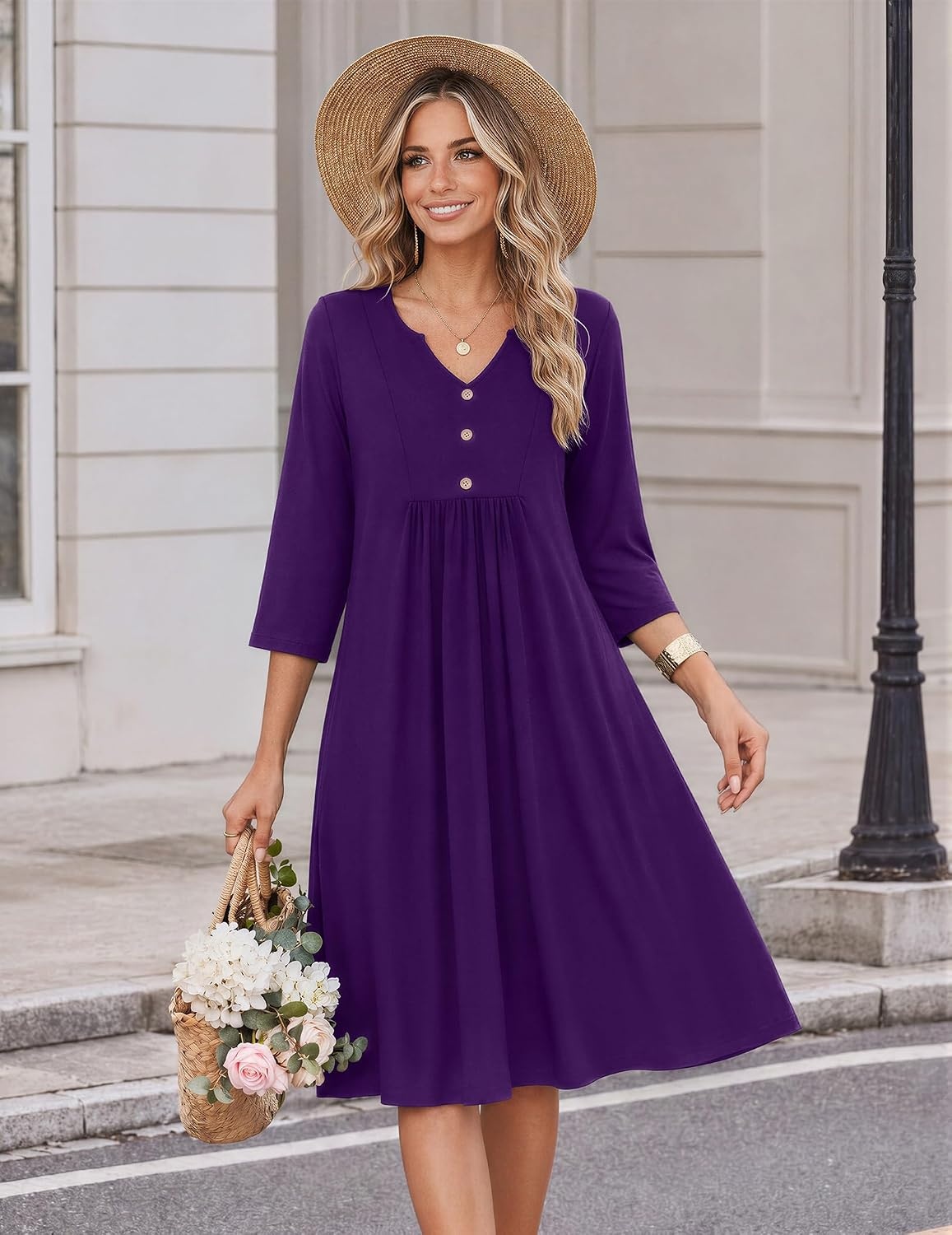 image:imageZeagoo Womens Dresses 34 Sleeve Casual Fall A Line Midi Dress with Pockets V Neck Empire Waist Sundress Button Decor Floral Boho Solid Color Loose Fit Flowy Vacation SundressesPurple