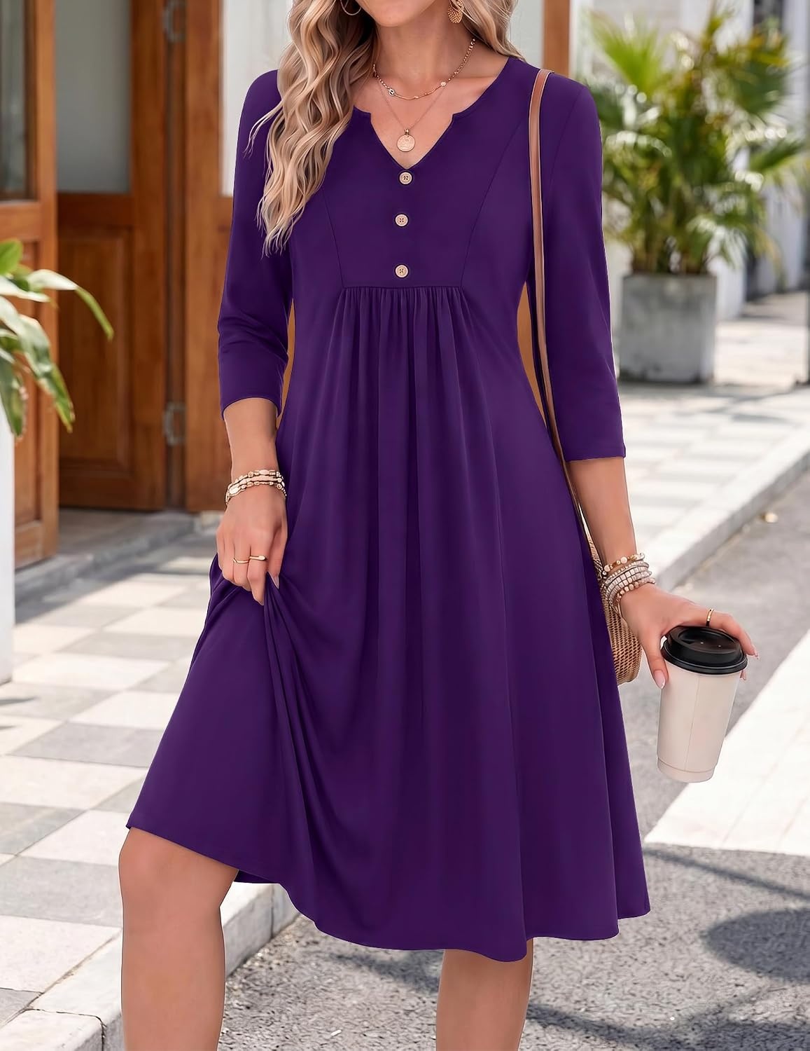 image:imageZeagoo Womens Dresses 34 Sleeve Casual Fall A Line Midi Dress with Pockets V Neck Empire Waist Sundress Button Decor Floral Boho Solid Color Loose Fit Flowy Vacation SundressesPurple