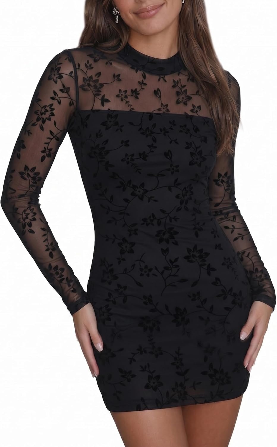 image:imageZeagoo Womens Mesh Sheer Long Sleeve Dress Ruched Bodycon Mock Neck Cocktail Party Sexy Mini Dresses 202601zw781