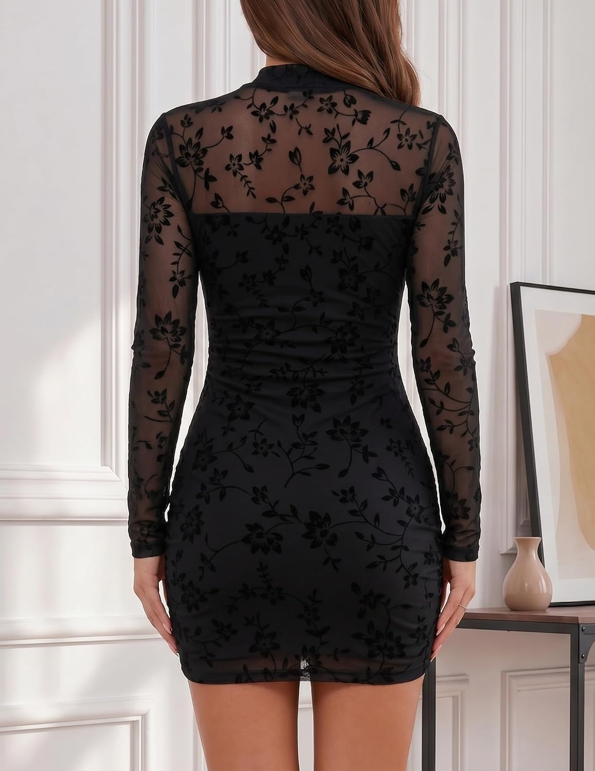 image:imageZeagoo Womens Mesh Sheer Long Sleeve Dress Ruched Bodycon Mock Neck Cocktail Party Sexy Mini Dresses 202601zw781