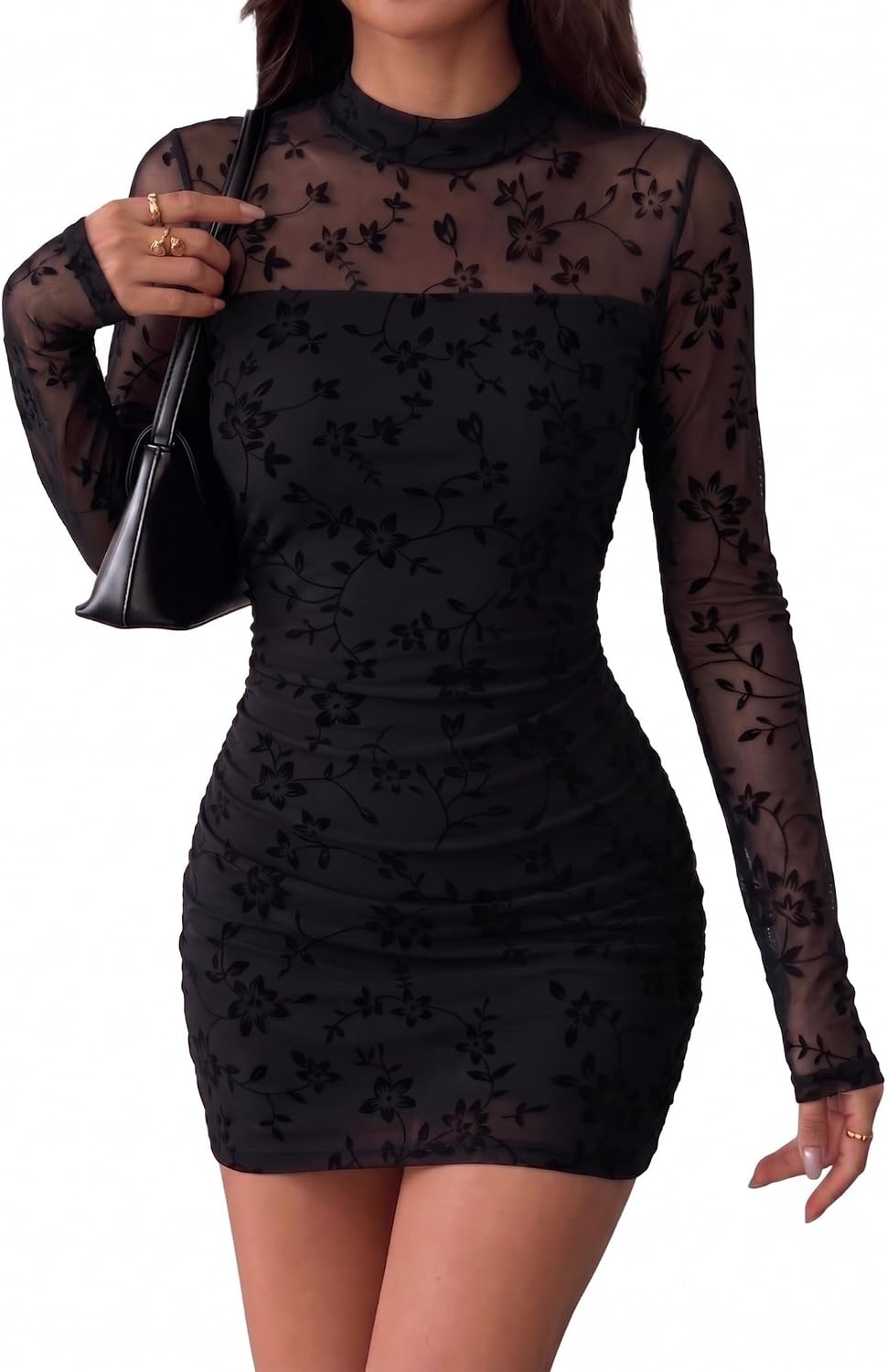 image:imageZeagoo Womens Mesh Sheer Long Sleeve Dress Ruched Bodycon Mock Neck Cocktail Party Sexy Mini Dresses 202601zw781