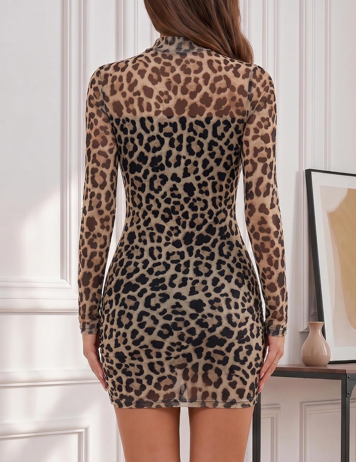 image:imageZeagoo Womens Mesh Sheer Long Sleeve Dress Ruched Bodycon Mock Neck Cocktail Party Sexy Mini Dresses 2026An564