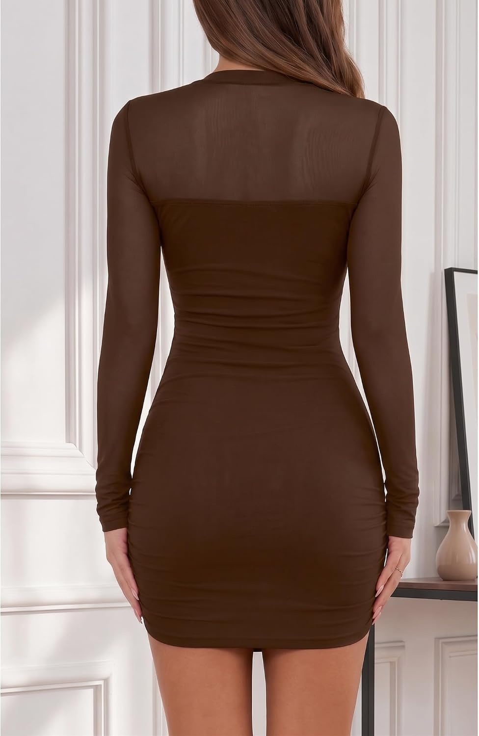 image:imageZeagoo Womens Mesh Sheer Long Sleeve Dress Ruched Bodycon Mock Neck Cocktail Party Sexy Mini Dresses 2026Brown