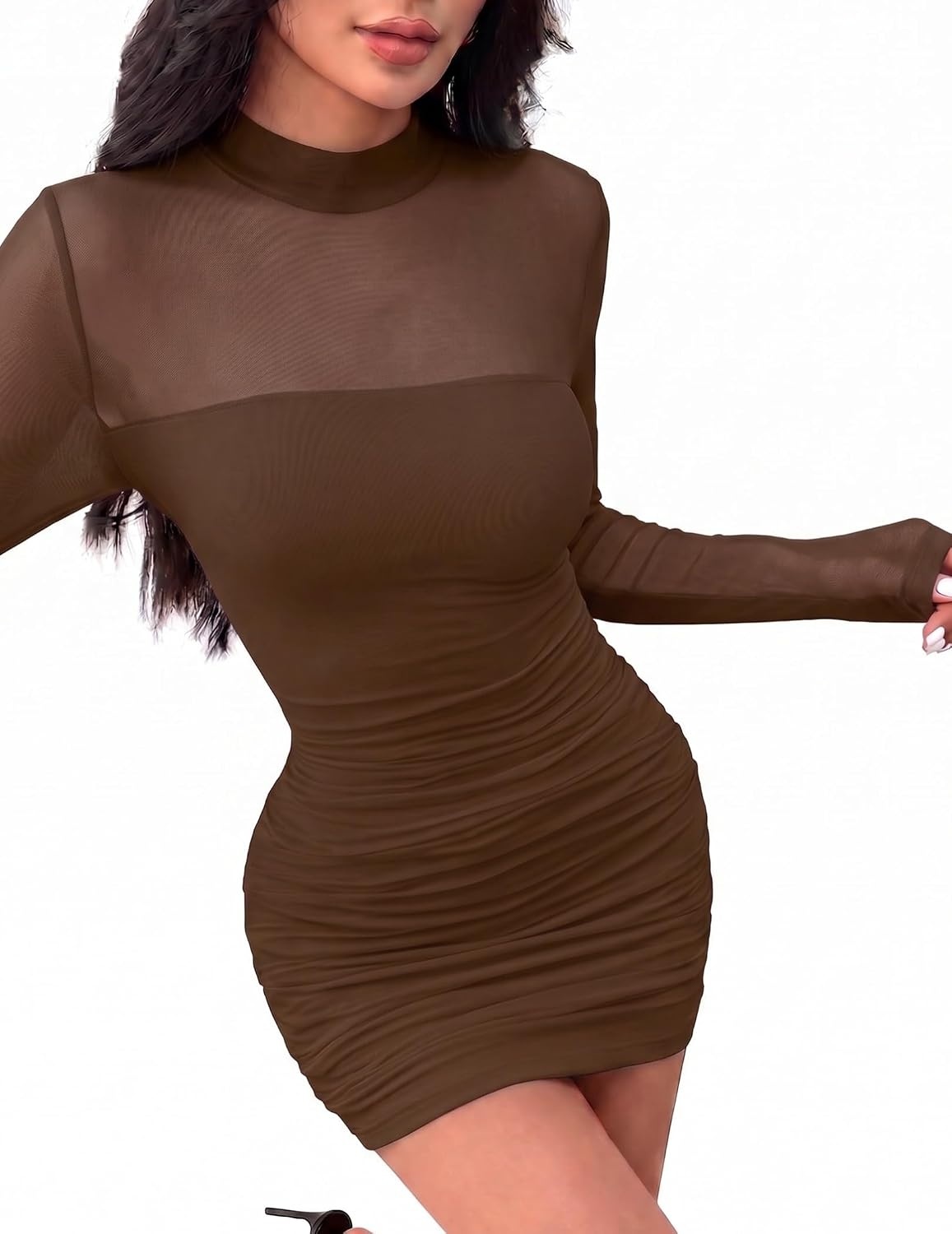 image:imageZeagoo Womens Mesh Sheer Long Sleeve Dress Ruched Bodycon Mock Neck Cocktail Party Sexy Mini Dresses 2026Brown