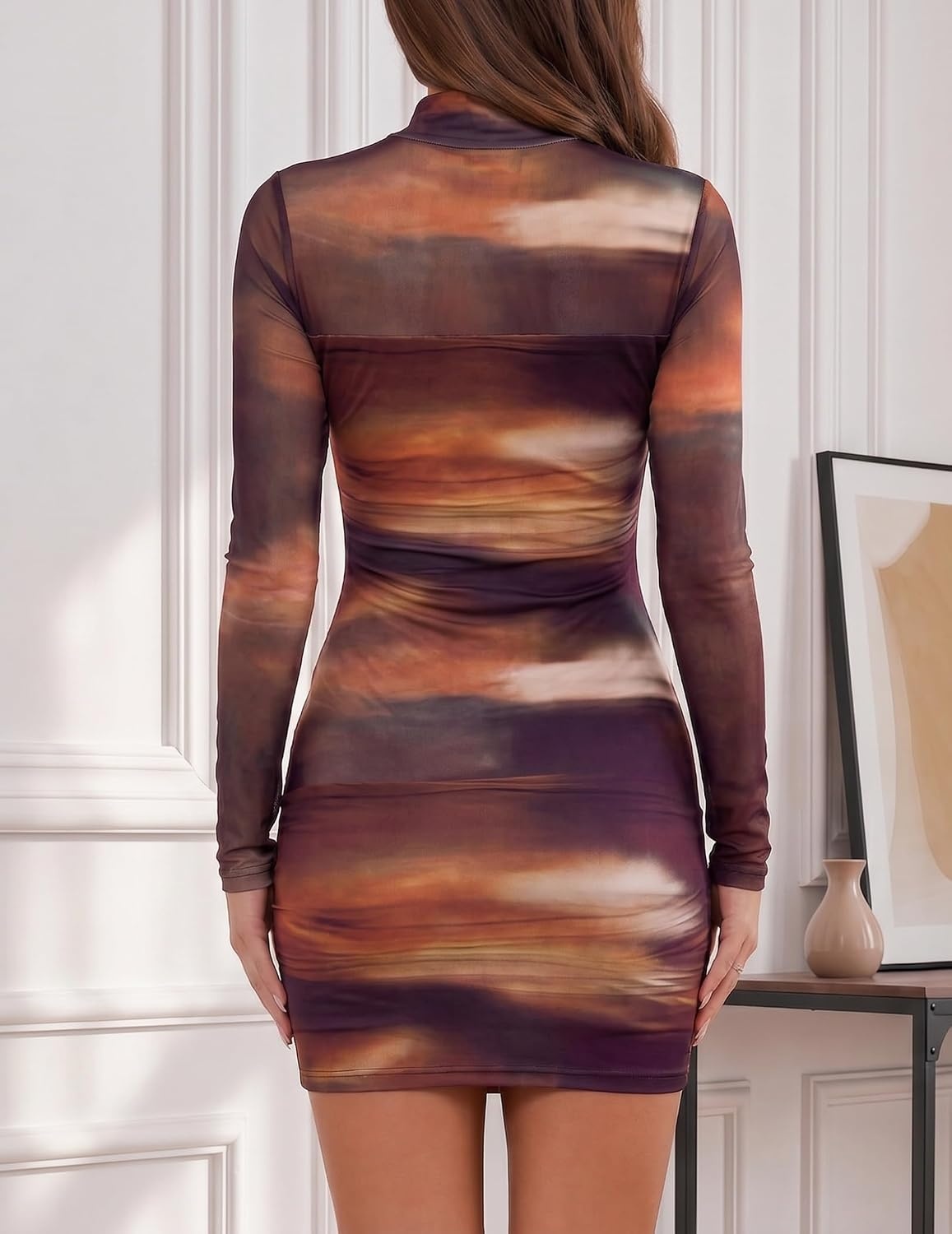 image:imageZeagoo Womens Mesh Sheer Long Sleeve Dress Ruched Bodycon Mock Neck Cocktail Party Sexy Mini Dresses 2026Cx292