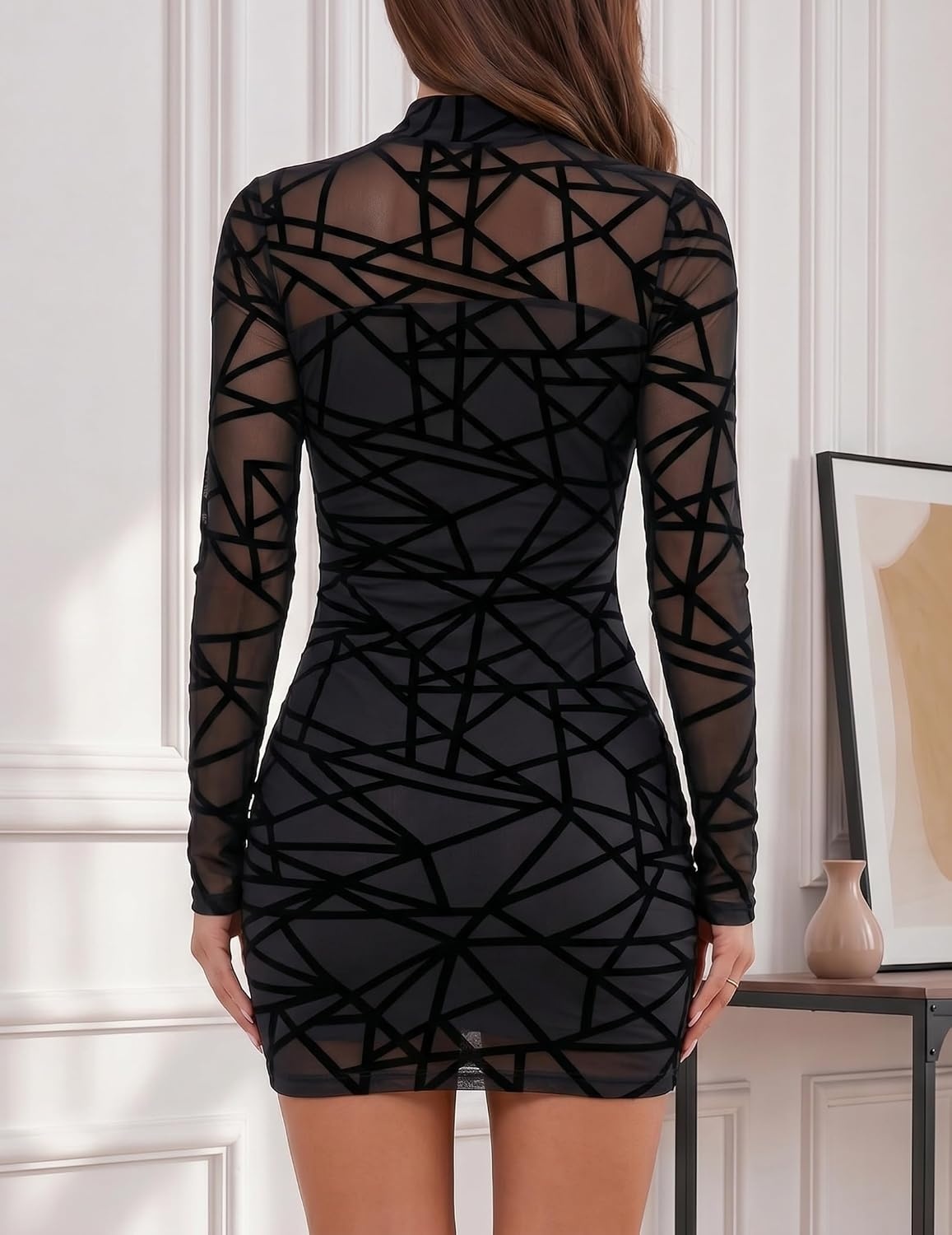 image:imageZeagoo Womens Mesh Sheer Long Sleeve Dress Ruched Bodycon Mock Neck Cocktail Party Sexy Mini Dresses 2026Jh88