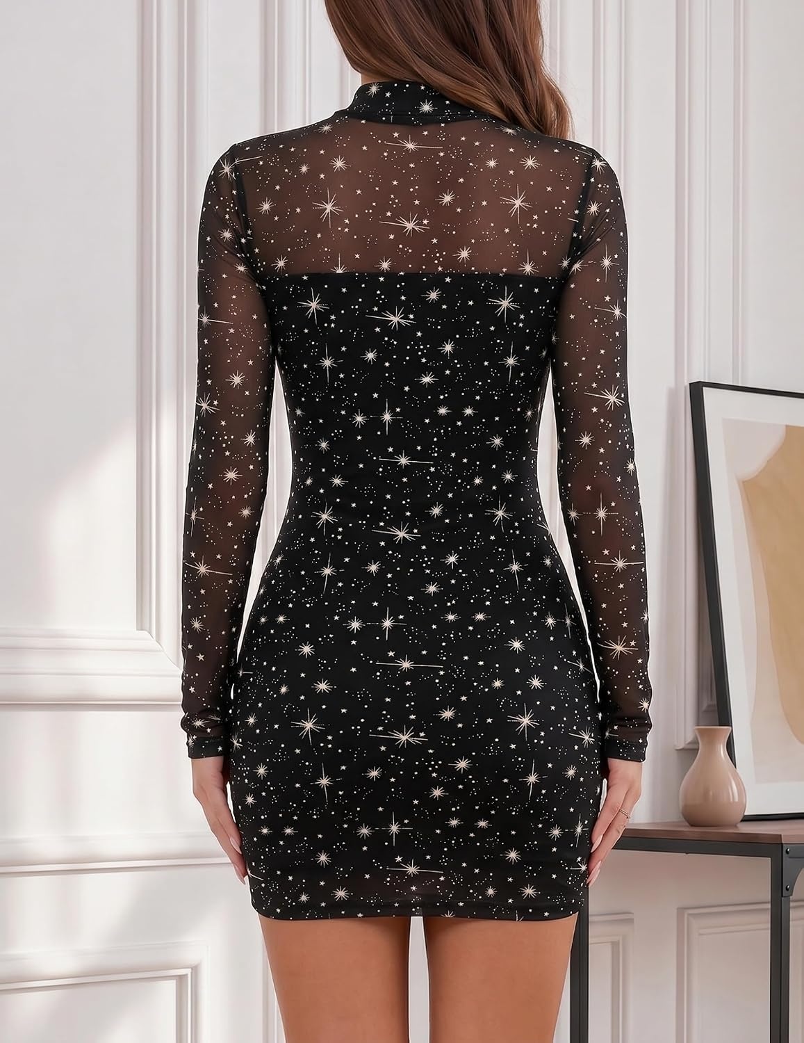 image:imageZeagoo Womens Mesh Sheer Long Sleeve Dress Ruched Bodycon Mock Neck Cocktail Party Sexy Mini Dresses 2026Kt246