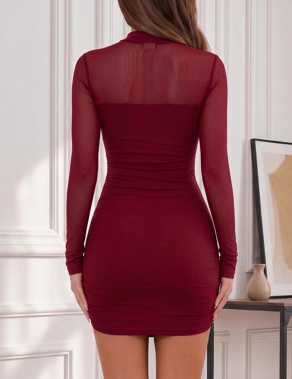 image:imageZeagoo Womens Mesh Sheer Long Sleeve Dress Ruched Bodycon Mock Neck Cocktail Party Sexy Mini Dresses 2026Wine Red