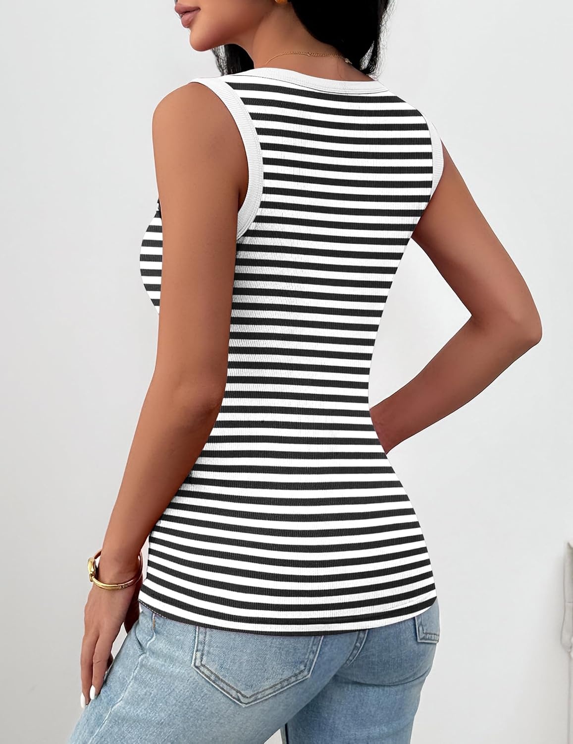 image:imageZeagoo Womens Square Neck Ribbed Tank Tops 2026 Summer Sleeveless Shirts Basic Tops for Women Business Casual Outfits Womens Fashion Trendy Clothes Going Out Blouses Fitted UndershirtA Stripe Black White