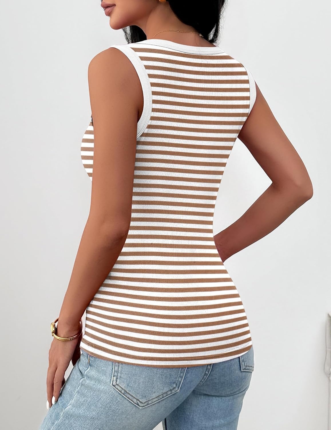 image:imageZeagoo Womens Square Neck Ribbed Tank Tops 2026 Summer Sleeveless Shirts Basic Tops for Women Business Casual Outfits Womens Fashion Trendy Clothes Going Out Blouses Fitted UndershirtB Stripe Brown White