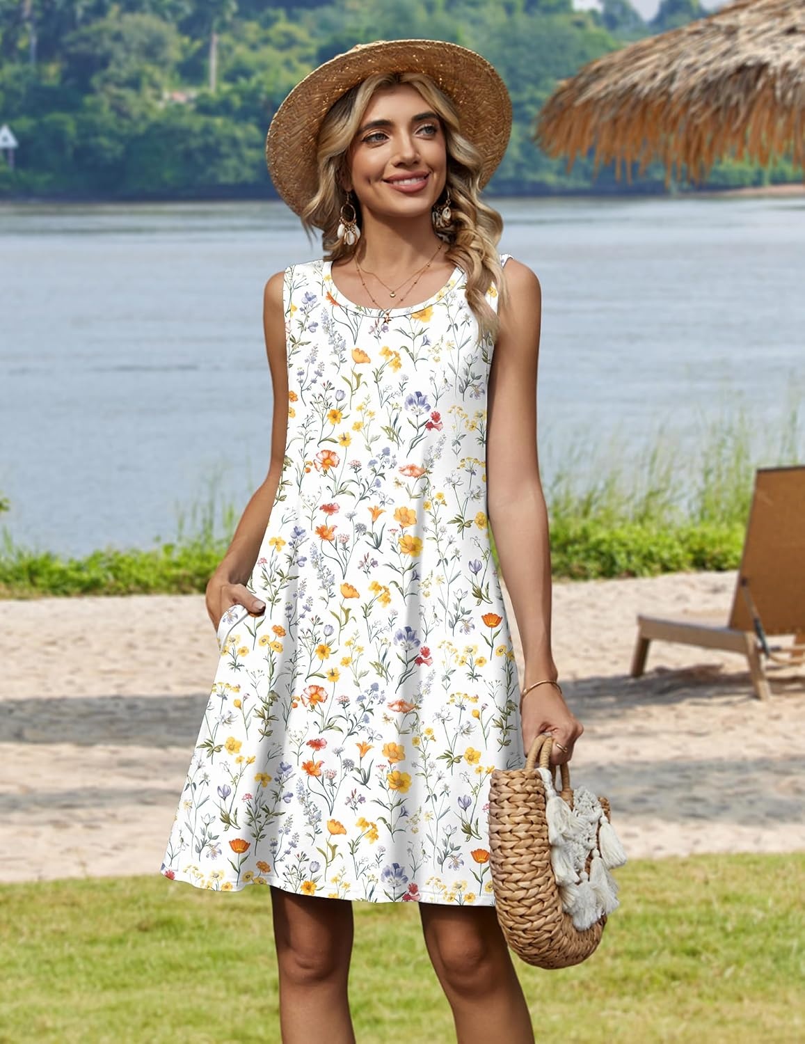 image:imageZeagoo Womens Summer Dress 2026 Sleeveless Casual ALine Tshirt Sundresses Dress With PocketFloral PrintCrewneckAline Flowy Swing Mini DressLoose Tank Tshirt DressFor Beach VocationWhite Floral