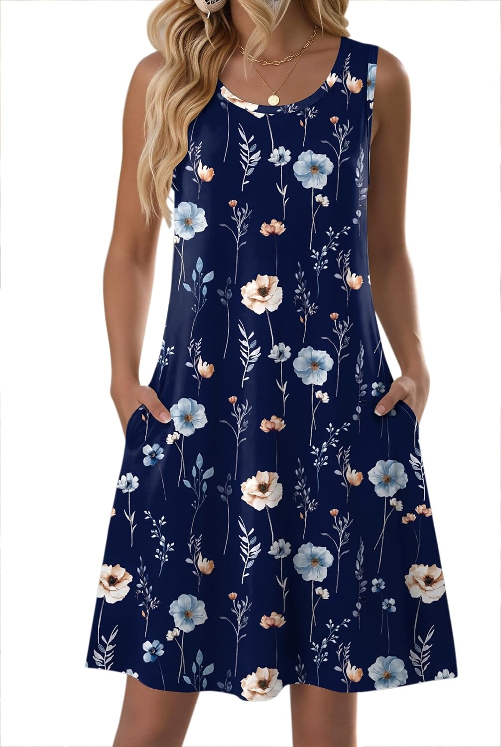 image:imageZeagoo Womens Summer Dress 2026 Sleeveless Casual ALine Tshirt Sundresses Dress With PocketFloral PrintCrewneckAline Flowy Swing Mini DressLoose Tank Tshirt DressFor Beach VocationNavy Printbf318